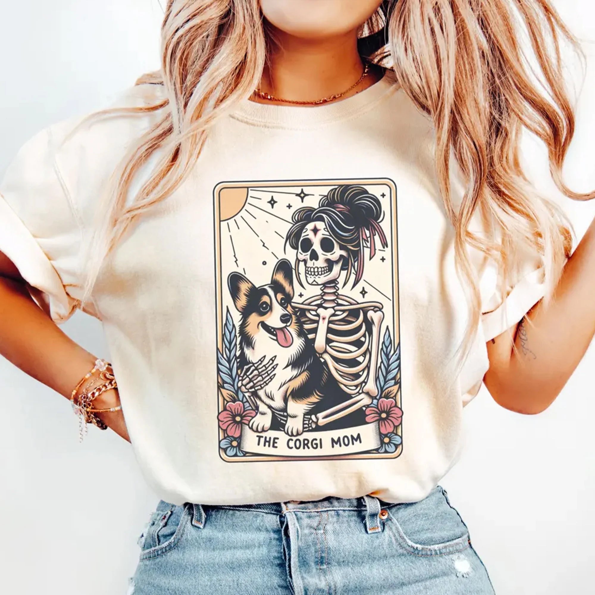 Corgi Shirt, Comfort Colors Corgi Mom Tarot Card T-shirt, Corgi Gift, Halloween Dog Shirt, Skeleton Corgi Mom Tee, Gift for Corgi Lover