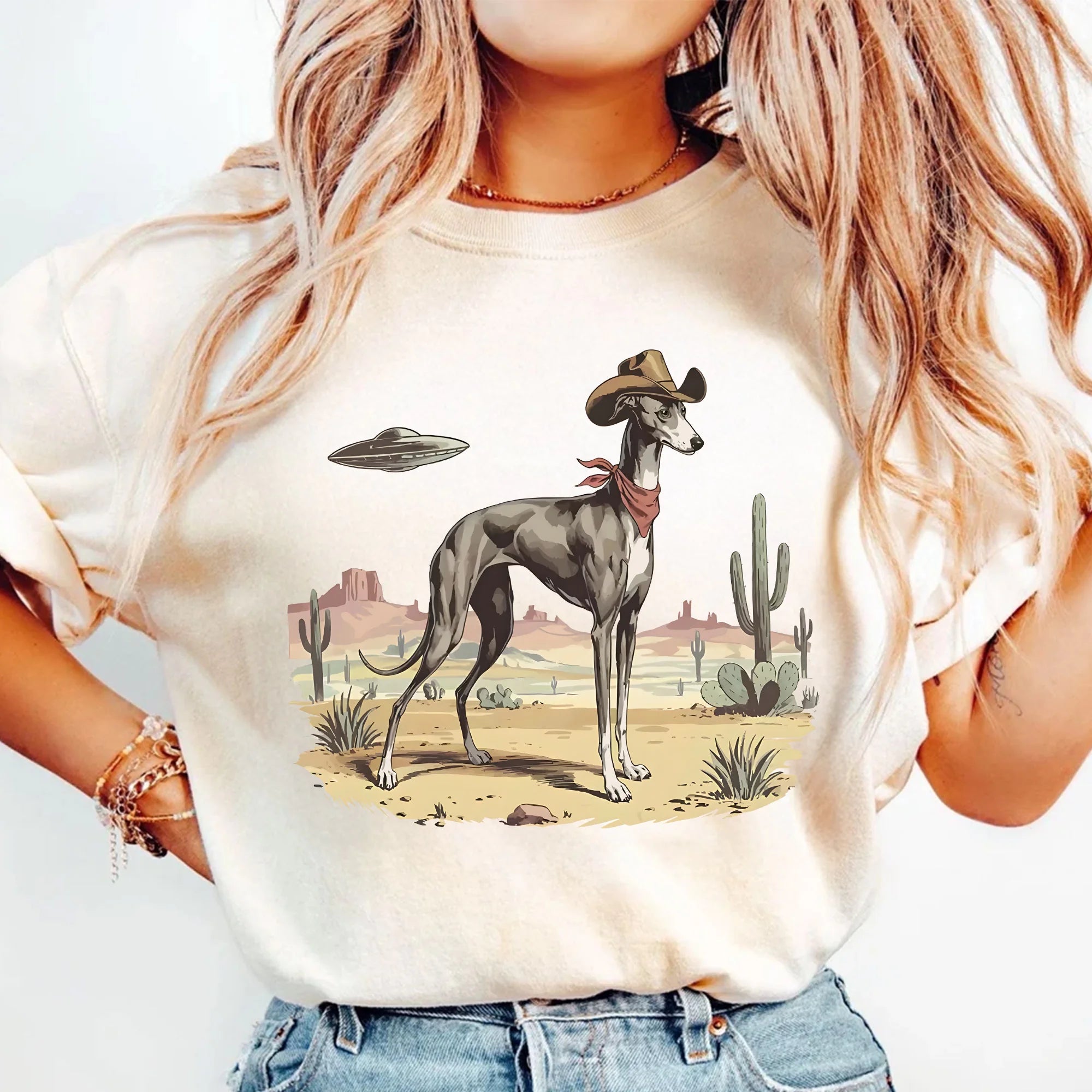 Greyhound Western UFO T-Shirt, Whippet Funny Alien Cowboy, Retro Vintage Dog Lover Gift, 90s Cowgirl Wild West Tshirt, Dog Mom Dog Owner Gift