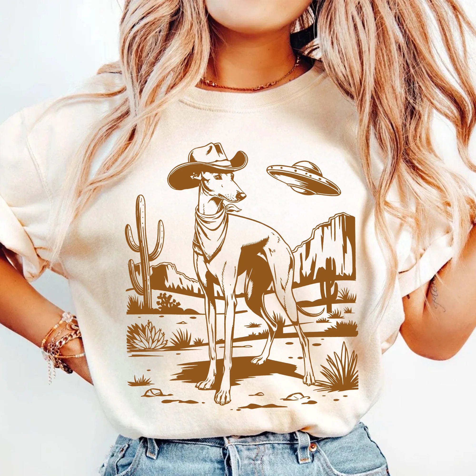 Greyhound Western UFO T-Shirt, Whippet Funny Alien Cowboy, Retro Vintage Dog Lover Gift, 90s Cowgirl Wild West Tshirt, Dog Mom Dog Owner Gift