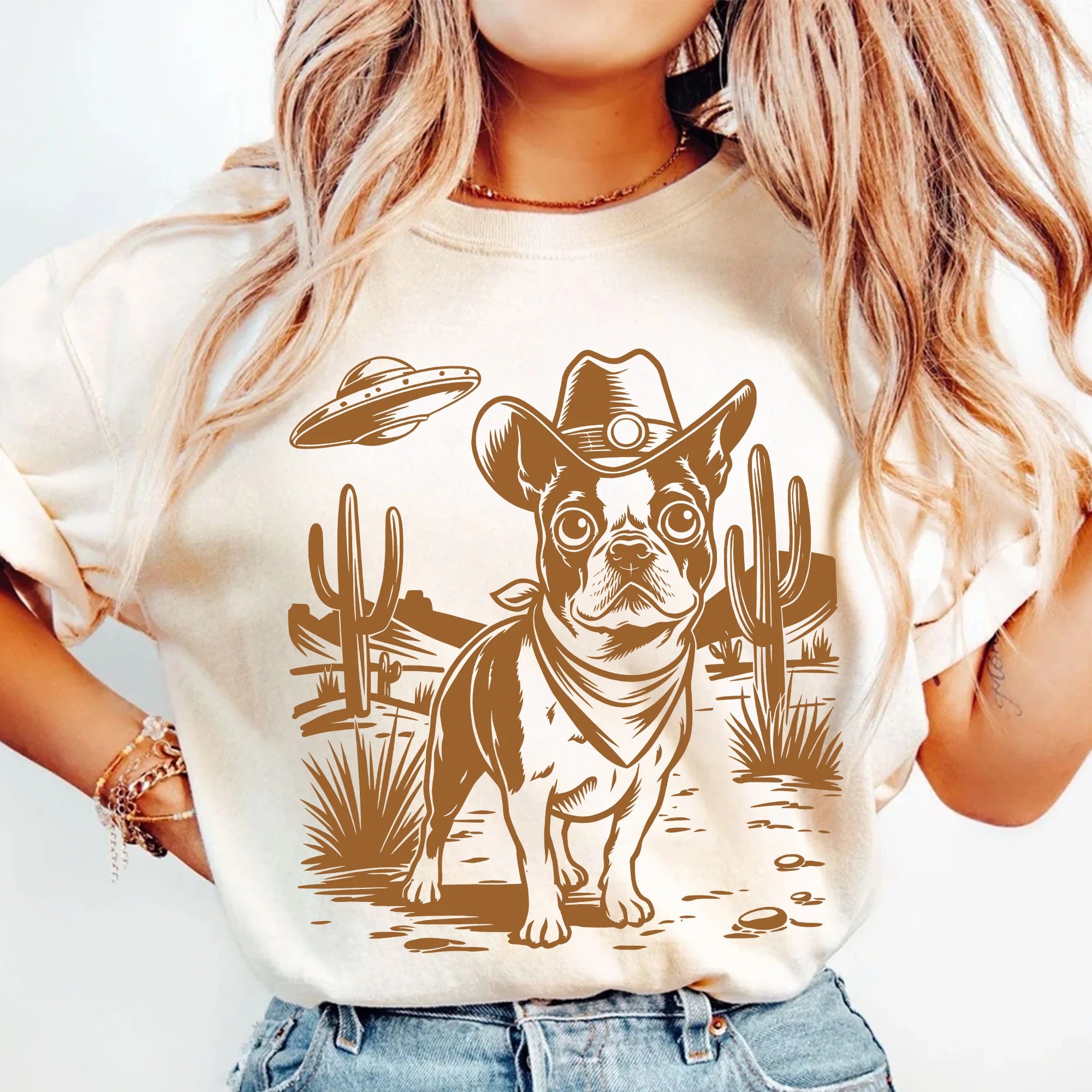 Boston Terrier Western UFO T-Shirt, Funny Alien Cowboy, Retro Vintage Dog Lover Gift, 90s Cowgirl Wild West Tshirt, Dog Mom Dog Owner Gift Tee