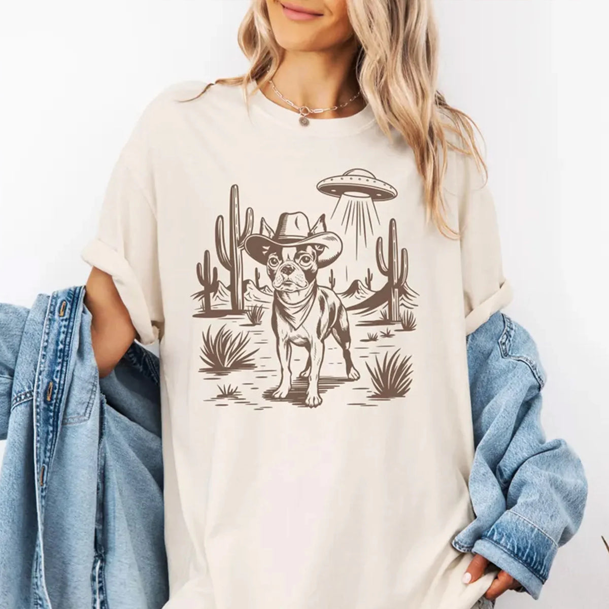 Boston Terrier Western UFO T-Shirt, Retro Vintage Dog Lover Gift, Funny Alien Cowboy, 90s Cowgirl Wild West Tshirt, Dog Mom Dog Owner Gift Tee