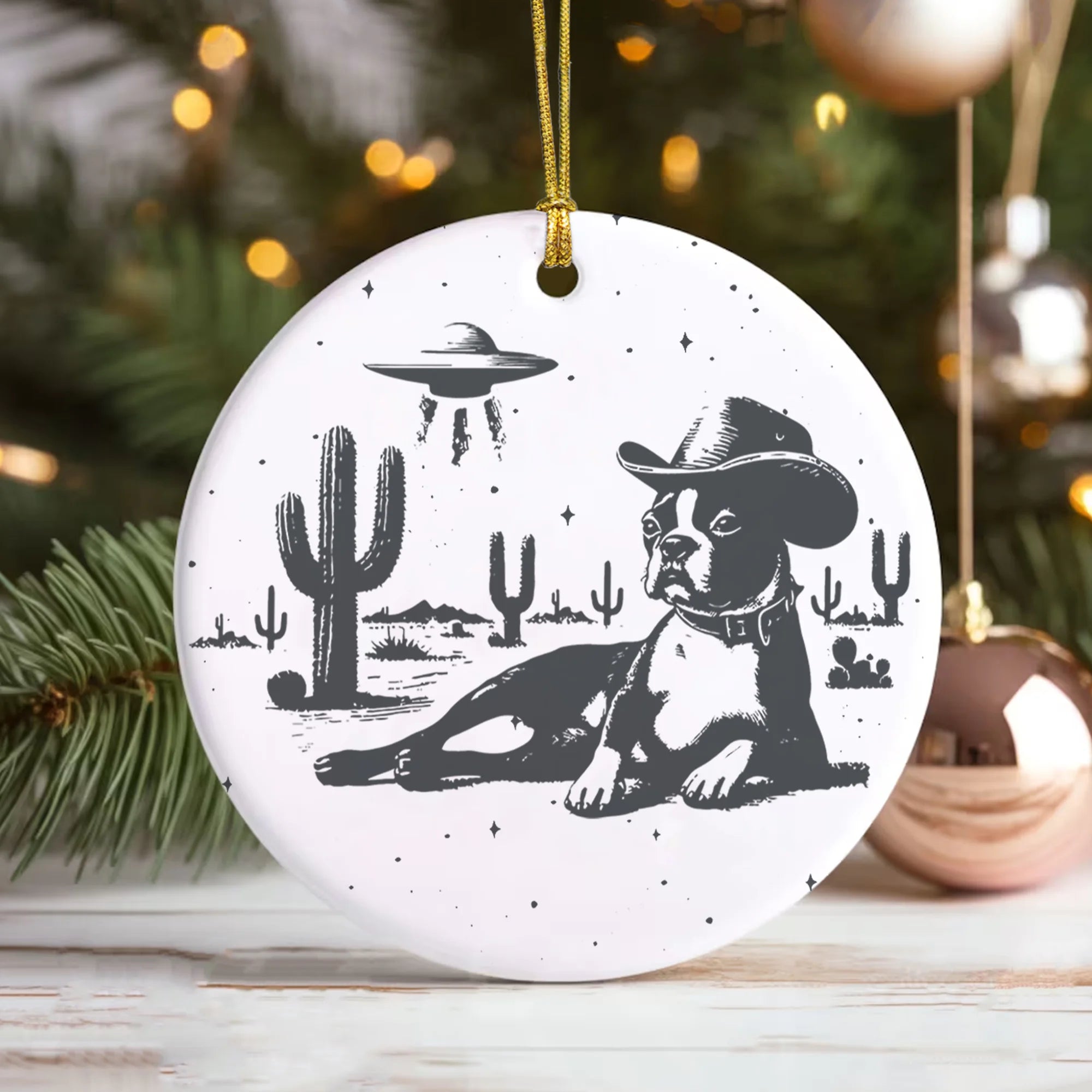 Boston Terrier Ceramic Ornaments, Retro UFO Western Christmas Ornament, Vintage Dog Ornament, Cowboy Ornament, Dog Mom Gift, Dog Dad Gift, Holiday Tree Decoration