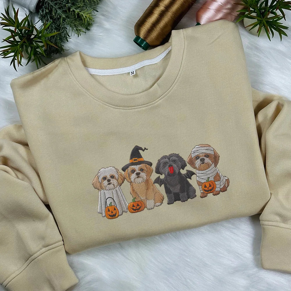 Embroidered Shih Tzu Dog Halloween Sweatshirt, Ghost Dogs Crewneck, Halloween Dog Shirts, Fall Sweater, Spooky Season, Dog Lover Gift