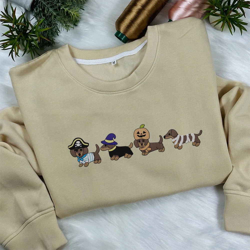 Dachshund Halloween Embroidered Sweatshirt, Cute Dog Costume Crewneck, Spooky Season Fall Dog Shirt, Wiener Dog Lover Tee, Dog Mom Shirt