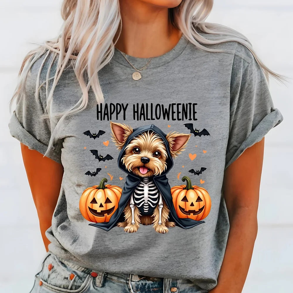 Happy Halloweenie Shirt, Cute Halloween Shirt, Yorkie Skeleton Shirt, Halloween Dog Shirt, Spooky Season Shirt, Dog Lover Gift, Fall T-Shirt