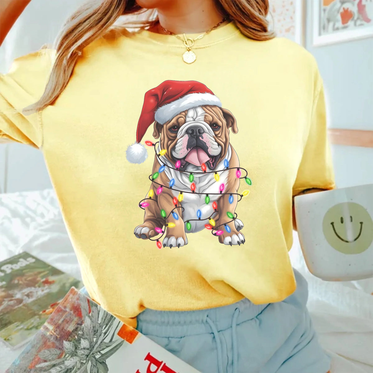 Bulldog Christmas Hat Sweatshirt, Christmas Bulldog Shirt, Christmas Dog T-Shirt, Happy New Year Dog, Christmas Lights Tee, Gift for Dog Mom
