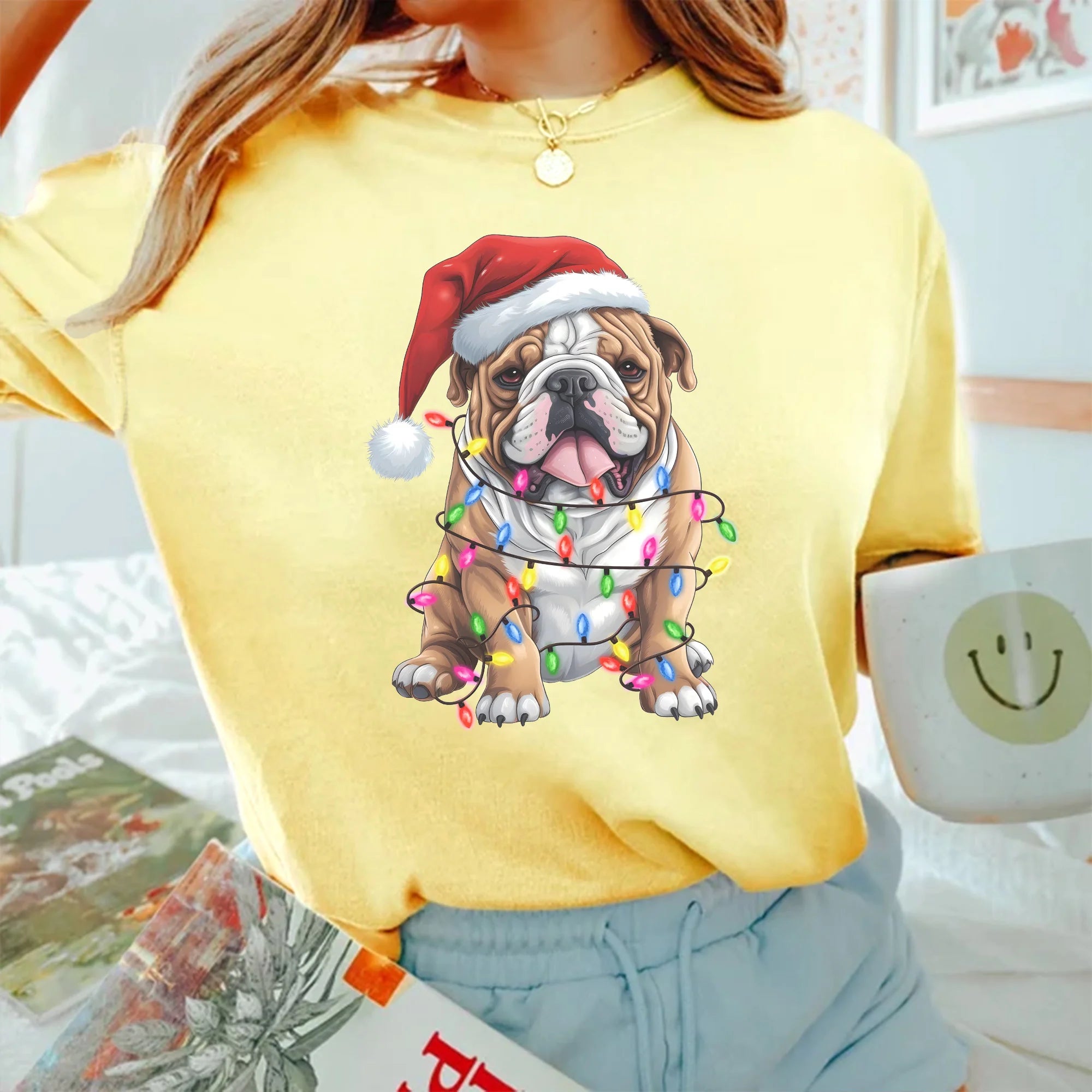 Bulldog Christmas Hat Sweatshirt, Christmas Bulldog Shirt, Christmas Dog T-Shirt, Happy New Year Dog, Christmas Lights Tee, Gift for Dog Mom