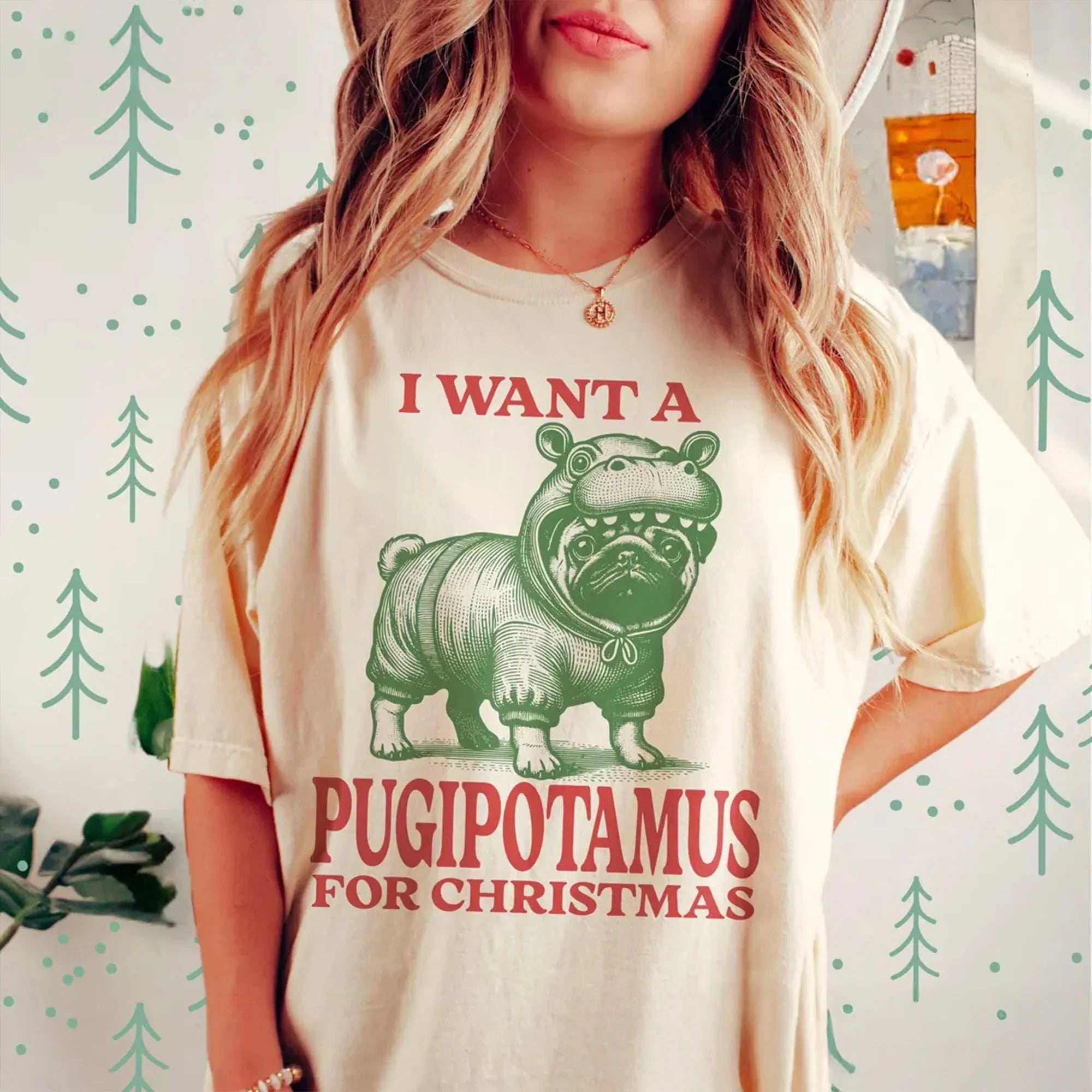 Pug Christmas T-Shirt Comfort Colors, Pug Lover Gift Pugipotamus Tshirt Funny Holiday Dog Mom Tee Retro Graphic Pet Owner