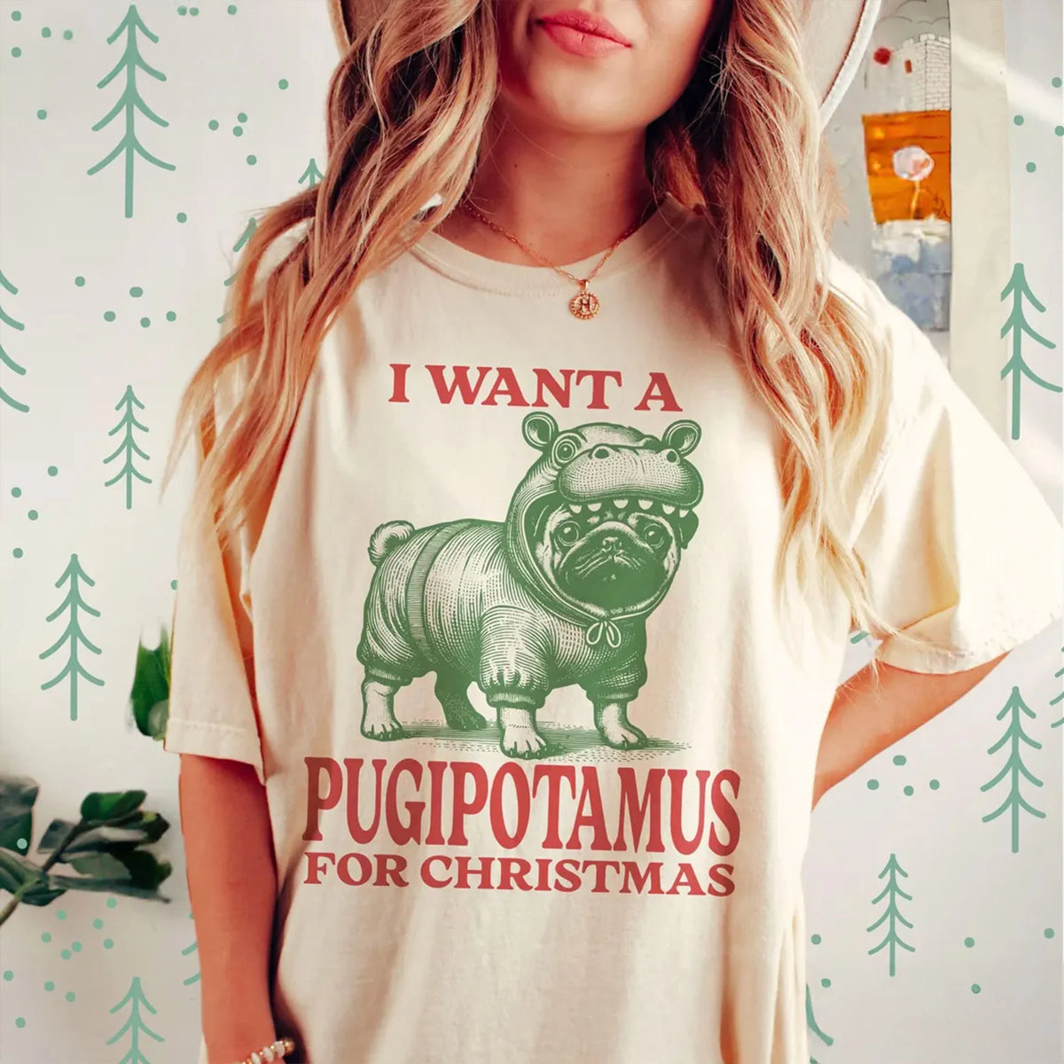 Pug Christmas T-Shirt Comfort Colors, Pug Lover Gift Pugipotamus Tshirt Funny Holiday Dog Mom Tee Retro Graphic Pet Owner