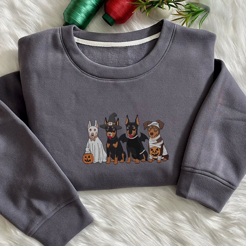 Embroidered Doberman Pinscher Halloween Sweatshirt, Ghost Dogs Sweatshirt, Halloween Dog Shirt, Fall Sweater, Spooky Season, Dog Lover Gift