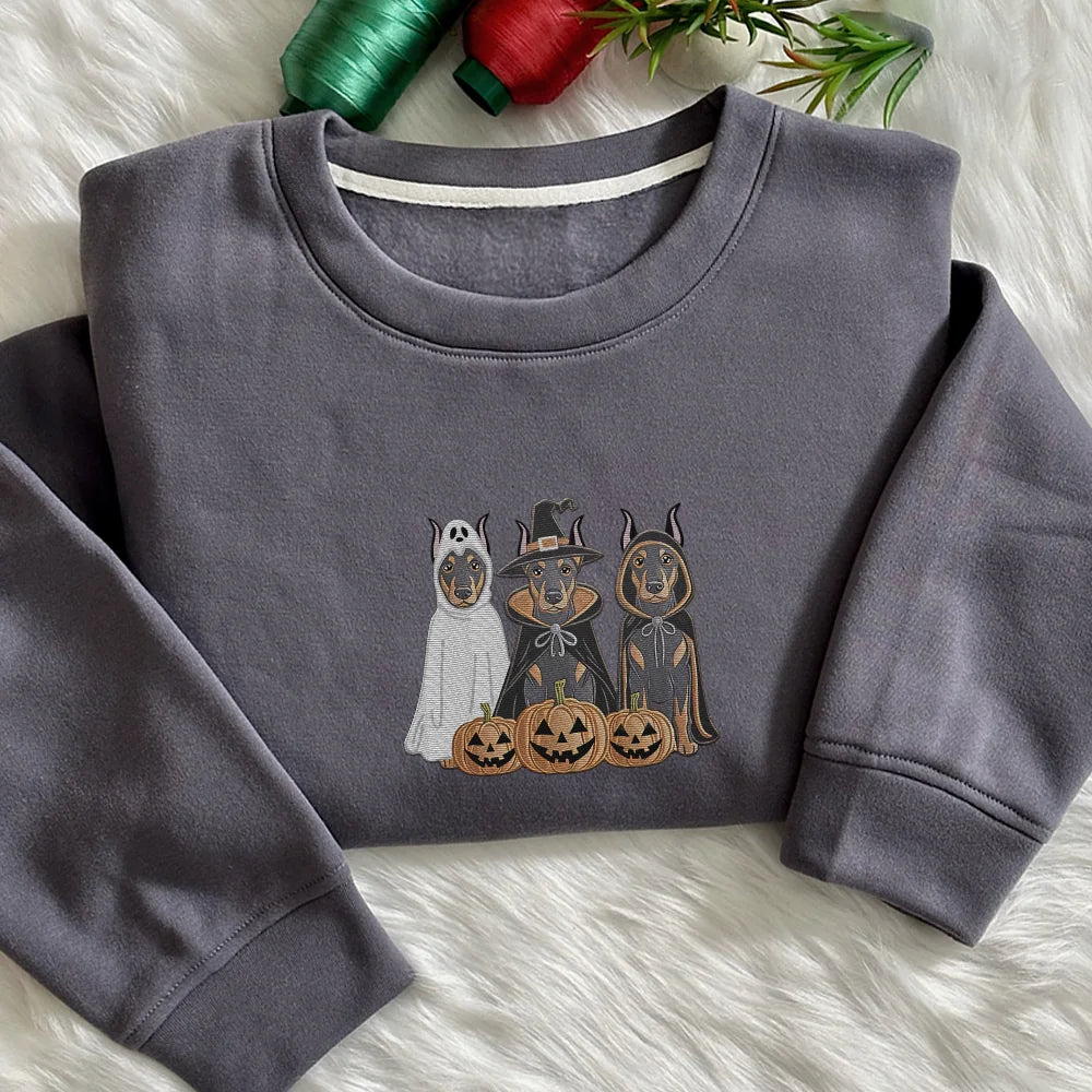Doberman Ghost Dogs Embroidered Sweatshirt, Halloween Crewneck, Halloween Shirt, Halloween Dog Sweatshirt, Ghost Dog Shirt, Spooky Season