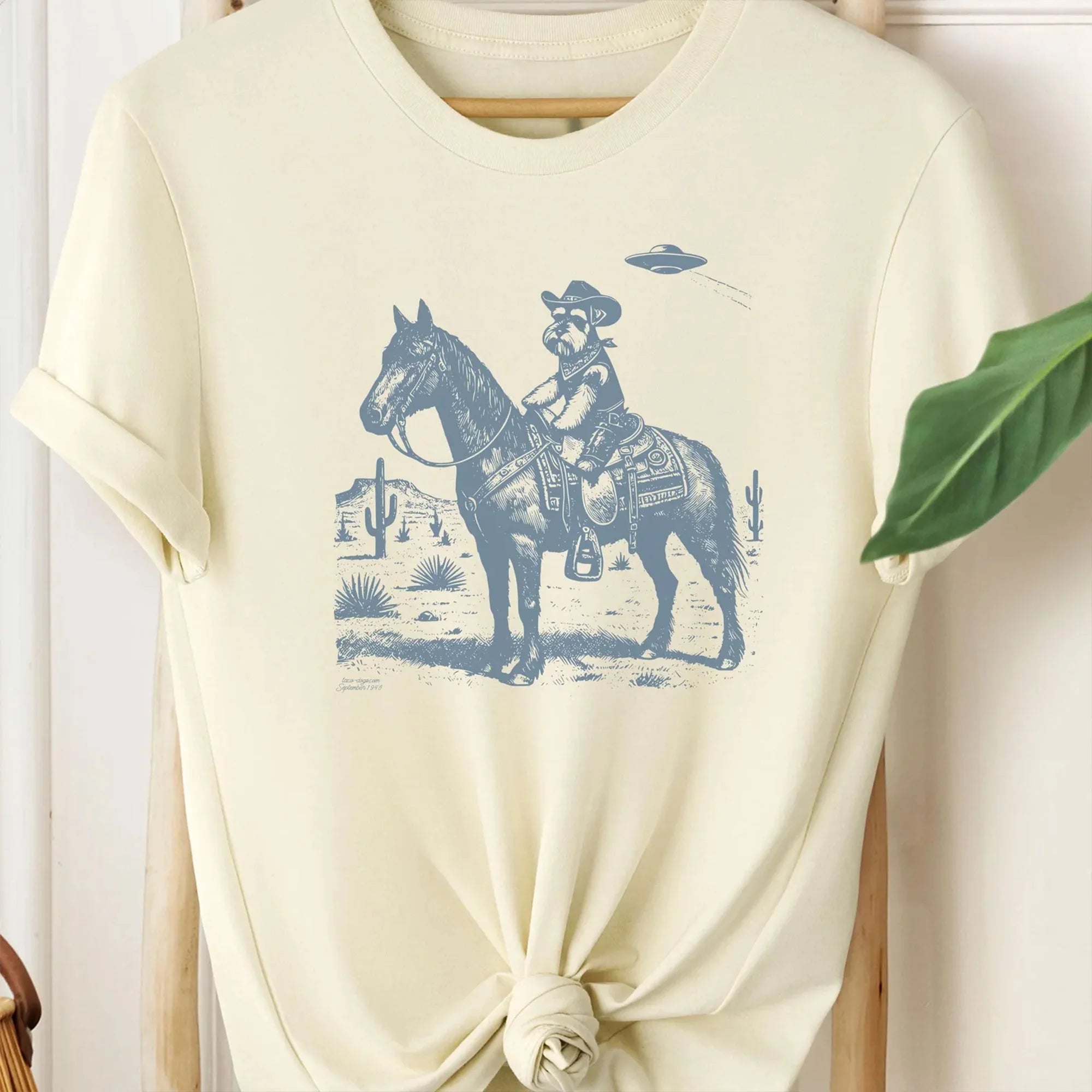 Schnauzer, Cowboy Schnauzer, Vintage Dog T-Shirt, Schnauzer Mom, Funny Dog Shirt, Schnauzer Gift, Desert Horse, Cactus Horseback Dog, UFO