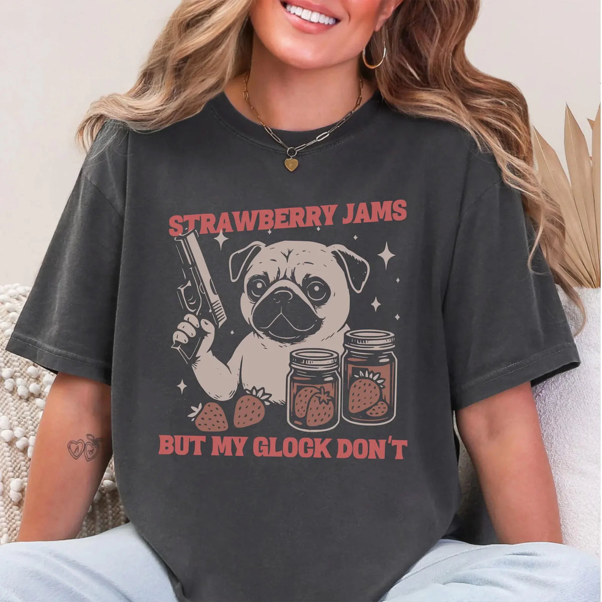 Funny Pug T-Shirt Strawberry Jams But My Glock Don&#39;t Pug Meme Tee, Gift for Dog Lovers