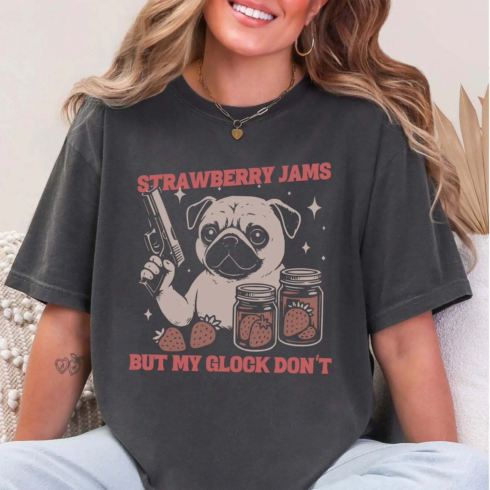 Funny Pug T-Shirt Strawberry Jams But My Glock Don't Pug Meme Tee, Gift for Dog Lovers
