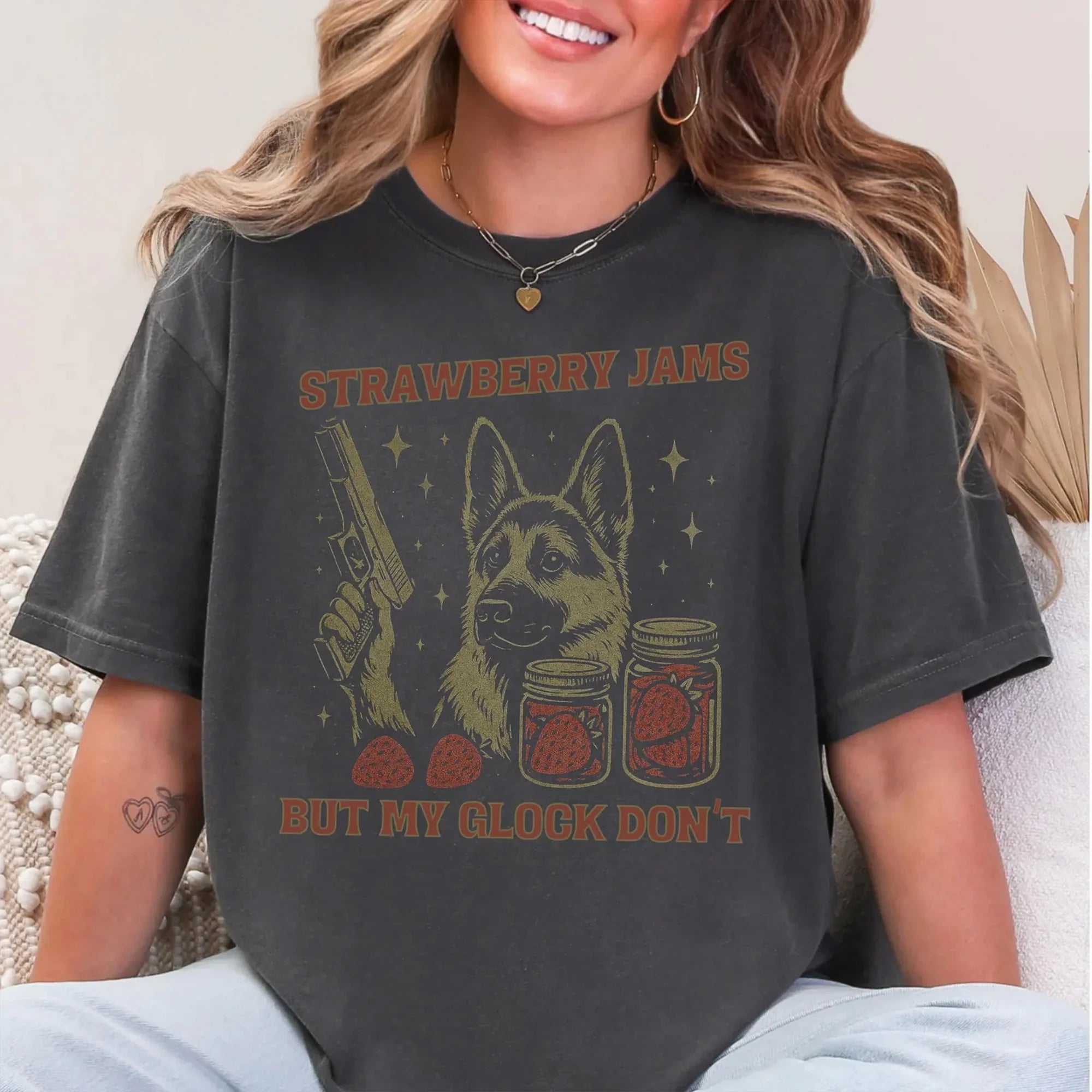 German Shepherd Dog T-Shirt, Strawberry Jams But Glock Don't GSD T-Shirt, German Shepherd Comfort Colors Tee, Funny Dog Shirt, GSD Mom