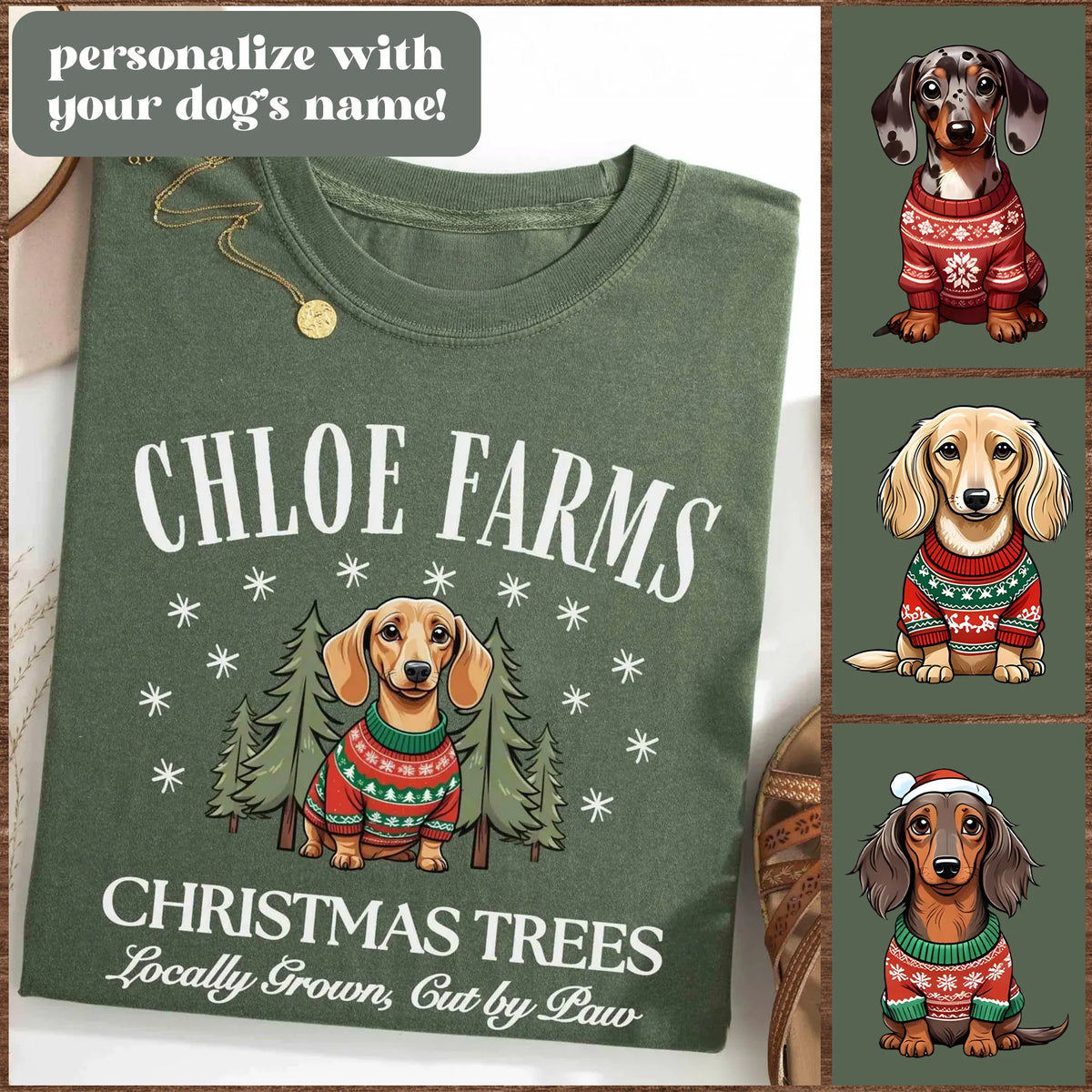Personalized Dachshund Christmas Tree Farm Shirt, Weiner Dog T-shirt, Doxie Dog Christmas Shirt, CC® Custom Dachshund Dog Mom Christmas Gift