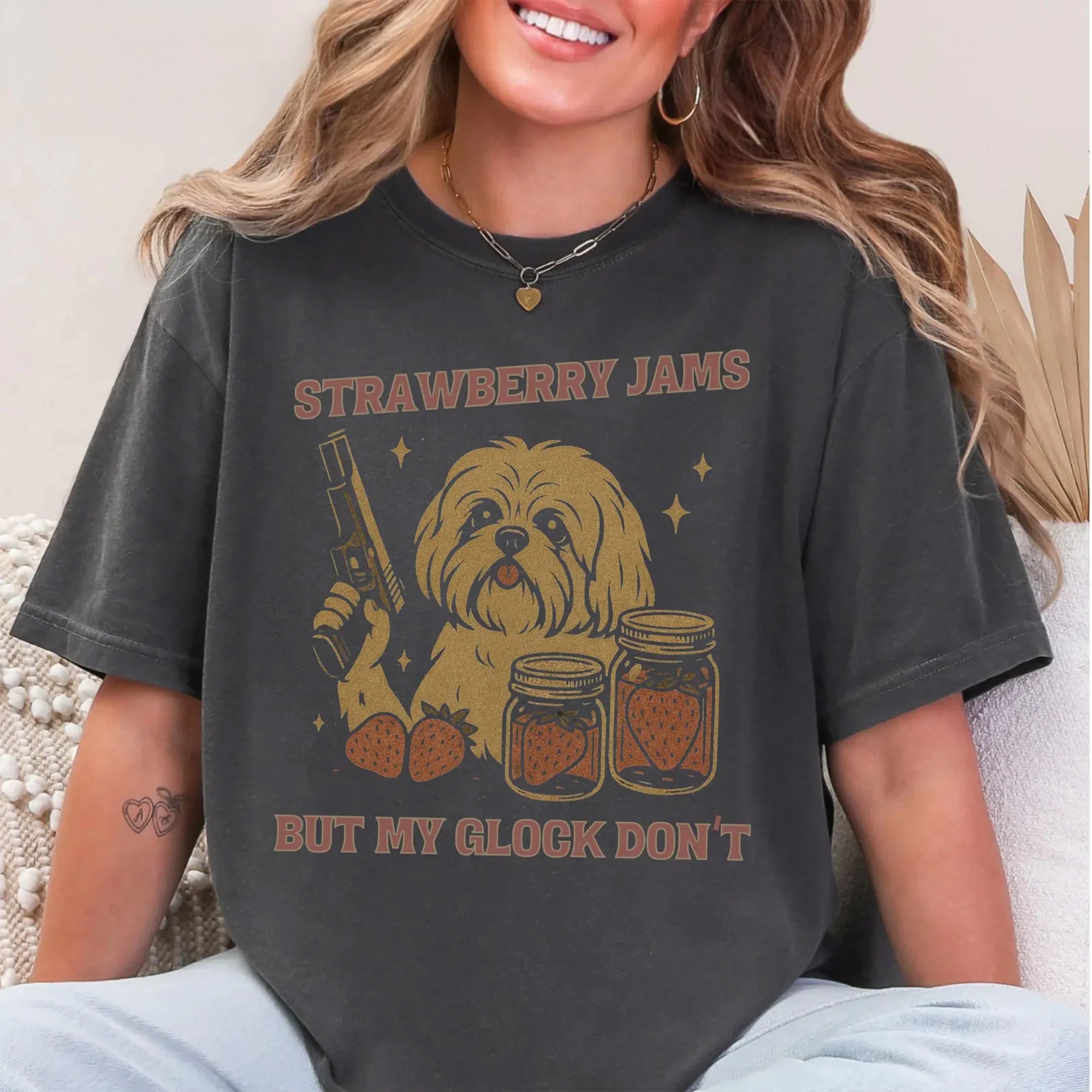 Funny Shih Tzu T-Shirt, Strawberry Jams But Glock Don't Shih Tzu Tee, Comfort Colors Tee for Shih Tzu Mom