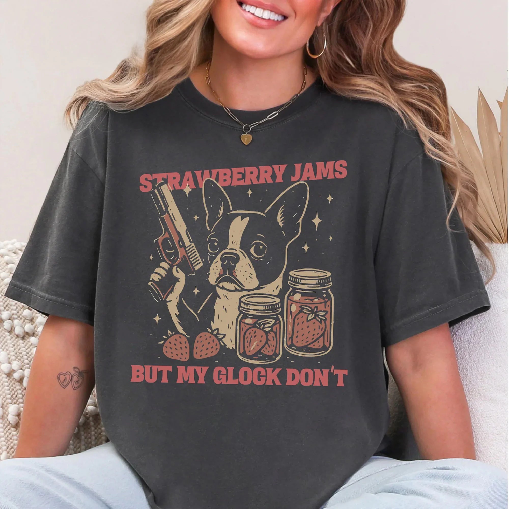 Funny Boston Terrier T-Shirt Strawberry Jams But My Glock Don't Comfort Colors Boston Terrier T-Shirt Funny Meme Tee