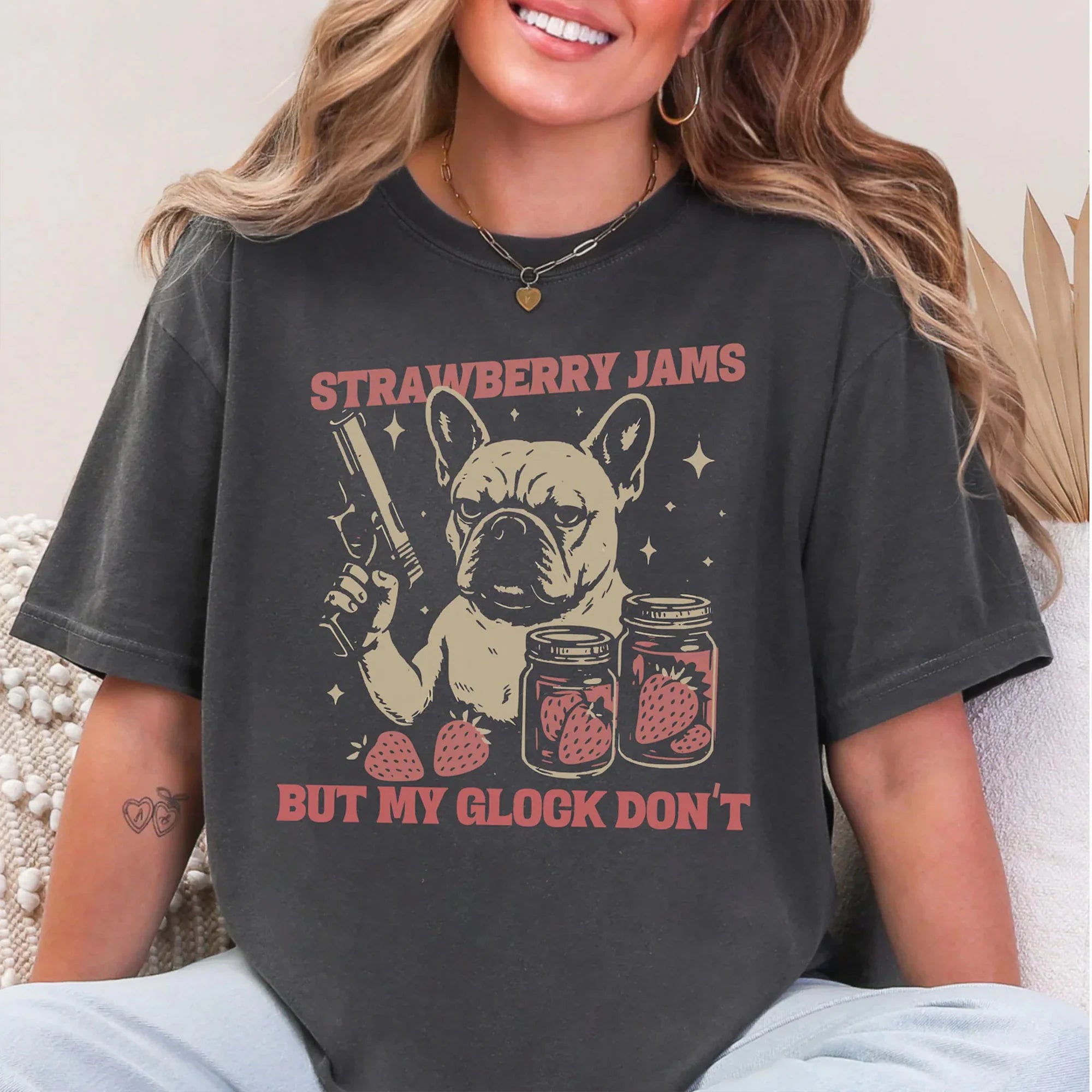 French Bulldog T-Shirt Strawberry Jams But My Glock Don't, Funny Frenchie Meme Tee, Gift for Dog Lovers, French Bulldog T-Shirt Funny