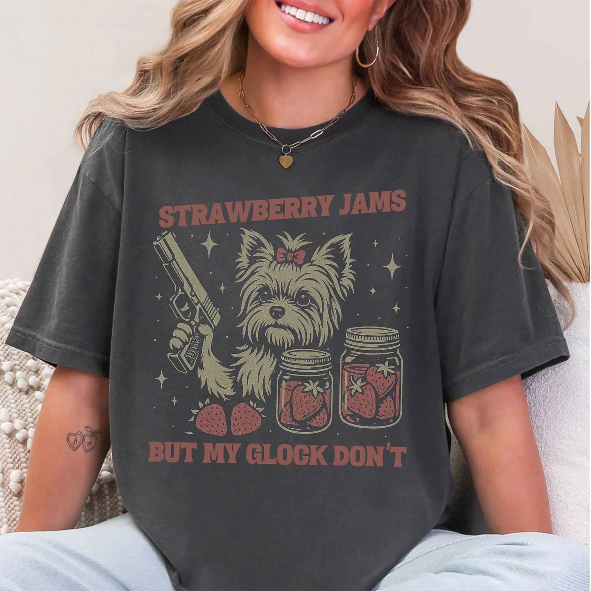 Yorkshire Terrier T-Shirt, Strawberry Jams But Glock Don't Yorkie Tee, Comfort Colors Yorkie Mom T-Shirt