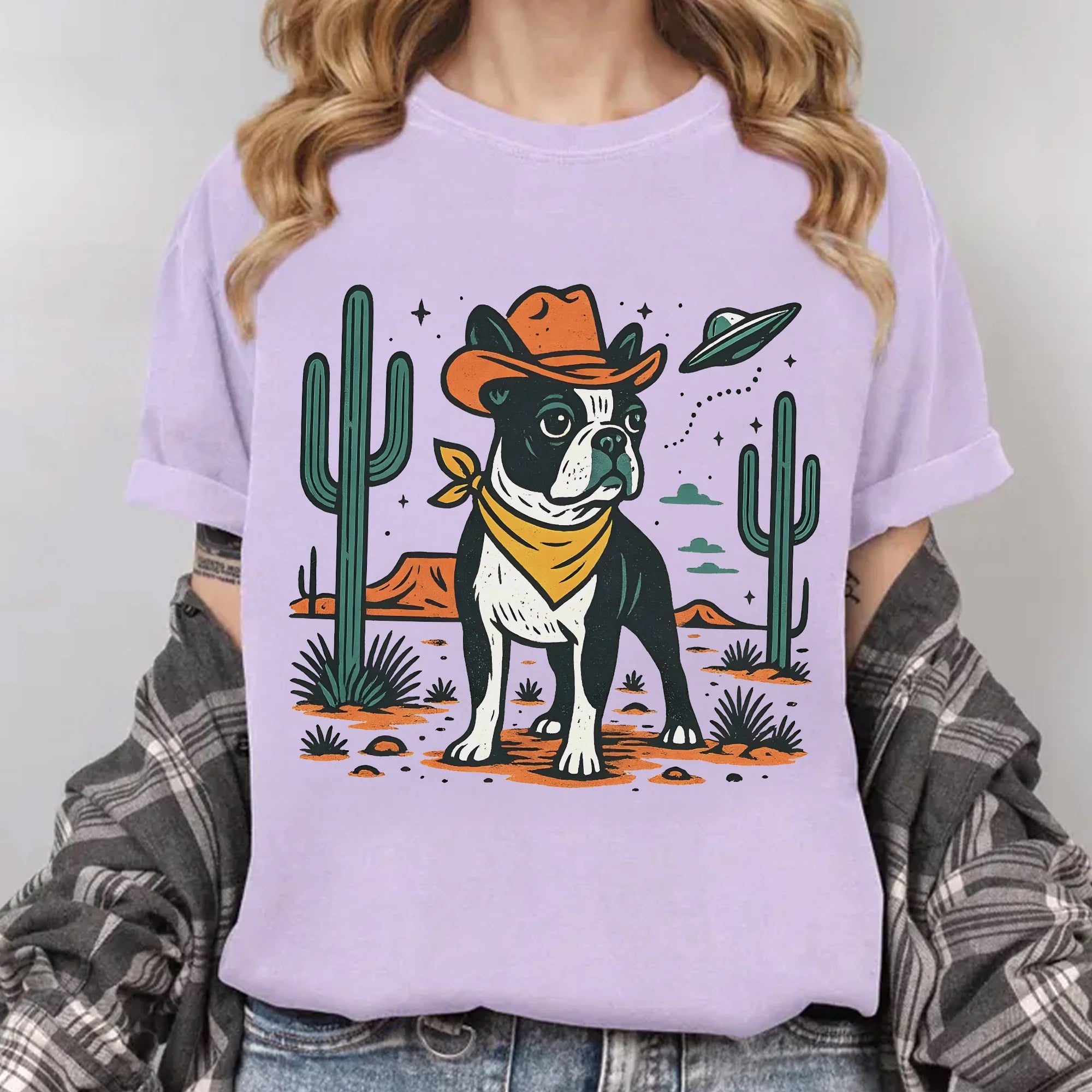 Comfort Colors® Boston Terrier Cowboy T-Shirt - Vintage Western Dog Tee, Retro UFO Desert Graphic Tee, Dog Mom Boston Terrier Gift