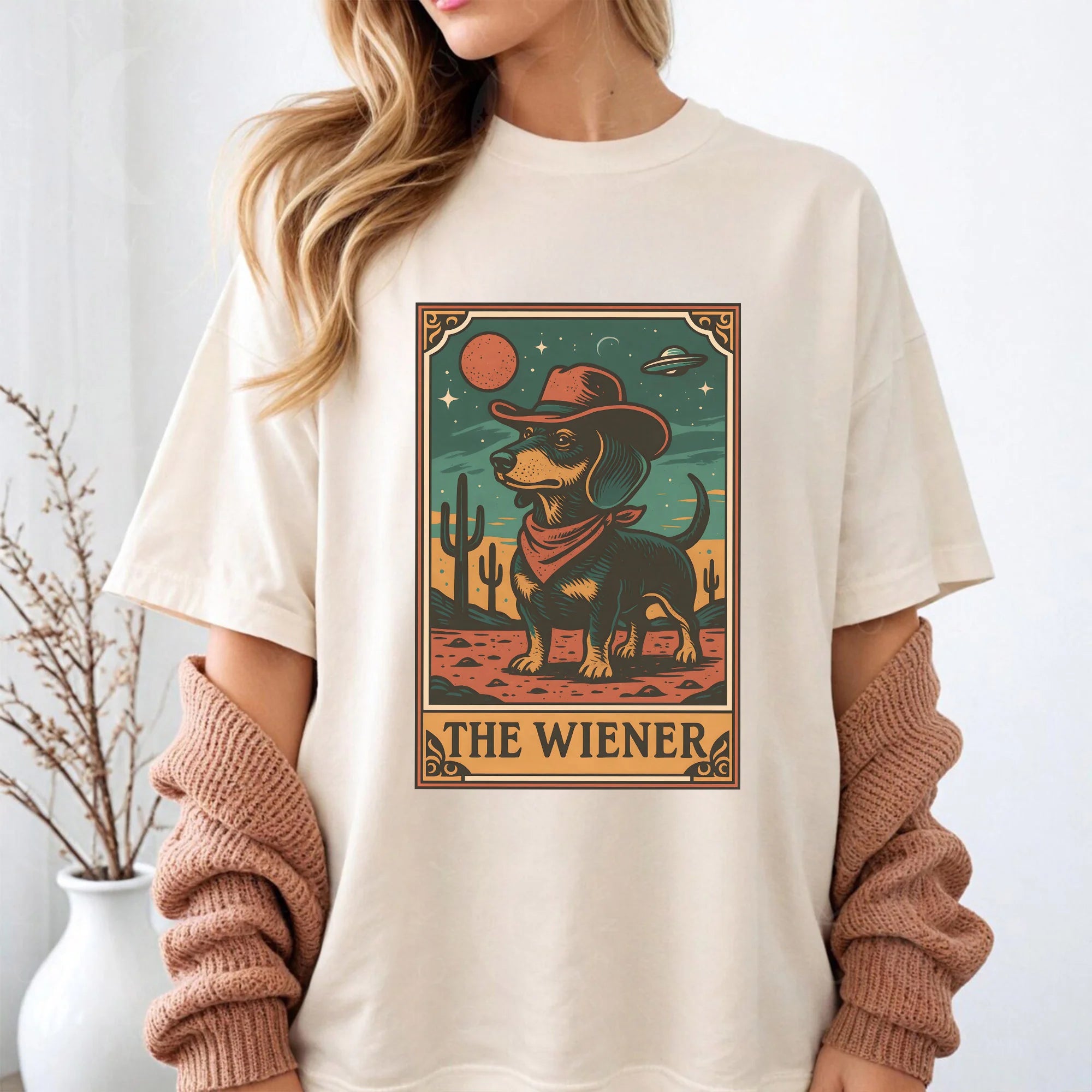 The Wiener Tarot Card T-Shirt - Cowboy Dog Tee - Retro Pulp Sci-Fi Western Graphic - Dog Mom Gift - Vintage Occult Style Comfort Colors® Shirt