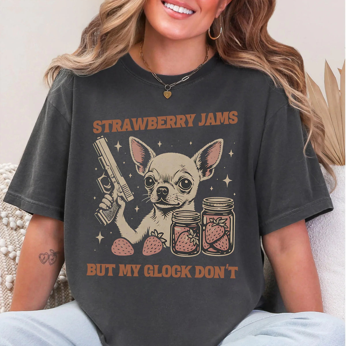Funny Chihuahua T-Shirt, Strawberry Jams But Glock Don&#39;t Comfort Colors Chihuahua Funny Meme Tee Shirt