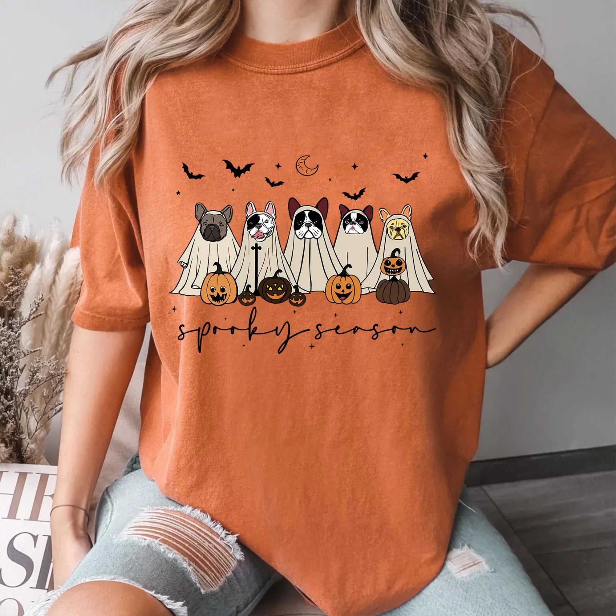 Cute Ghost Dogs Halloween T-Shirt, Halloween Fench Bulldog Shirt, Retro Ghost Dog Shirt, Dogs Lover Halloween Gift,Halloween Pumpkin Dog Shirt