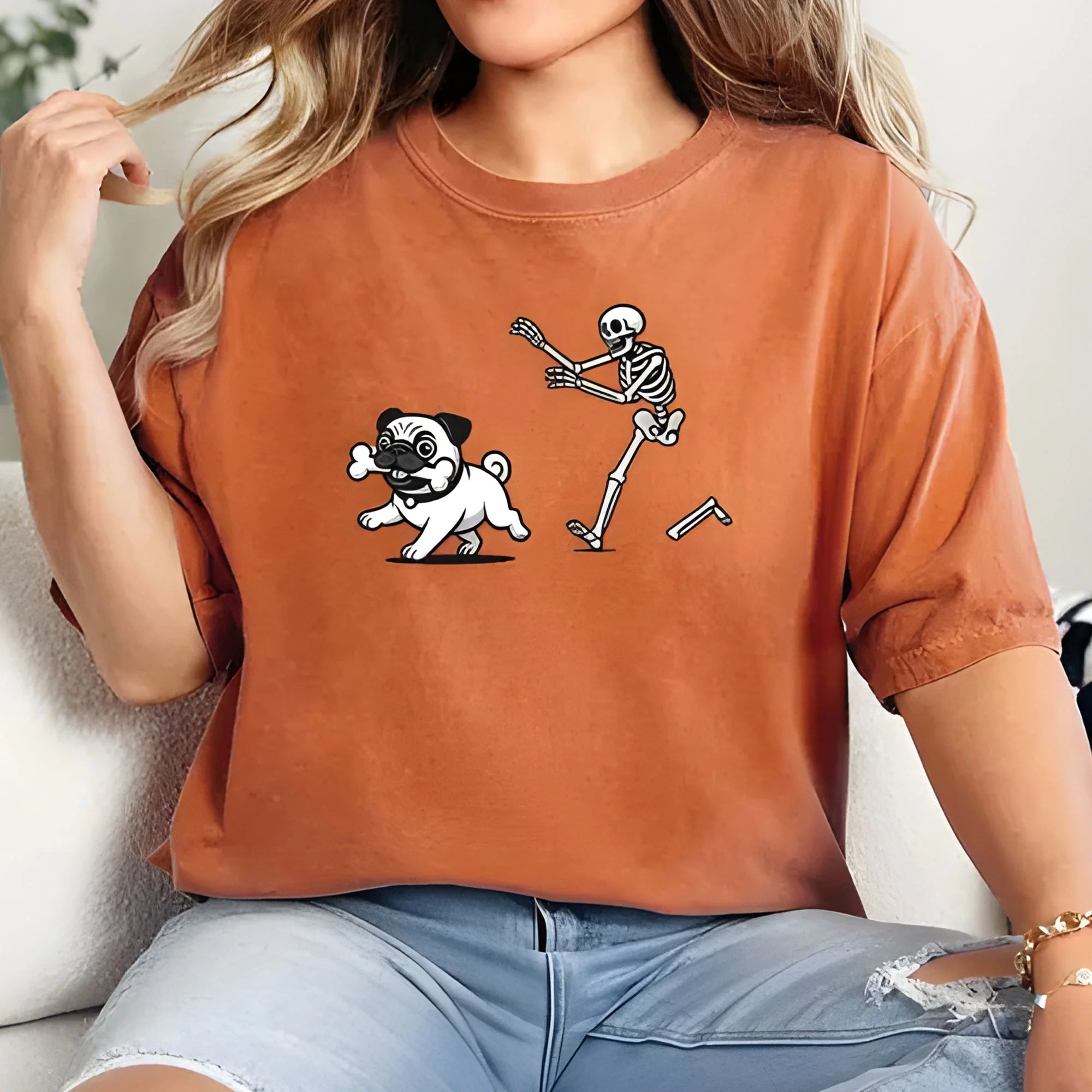 Funny Skeleton Chasing French Bulldog Shirt, Cute Frenchie Dog Halloween sweatshirt, Humorous Spooky Skeleton, Fall Pet Lover Tee, Dog mama