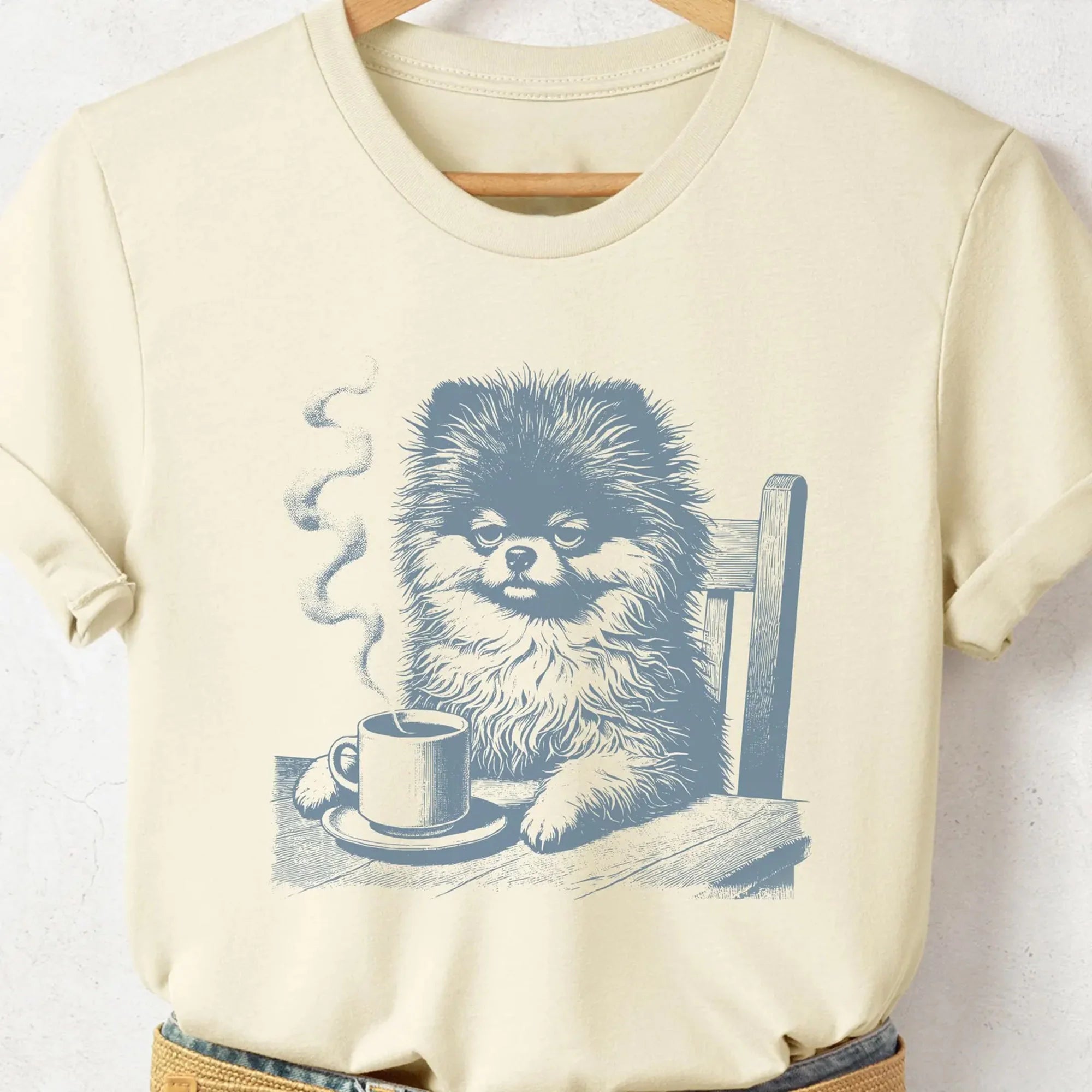 Pomeranian Shirt Grumpy Morning Coffee Dog Vintage Coffee Mood TShirt Funny Retro T-Shirt Gift Pomeranian Mom Dog Dad Dog Tired