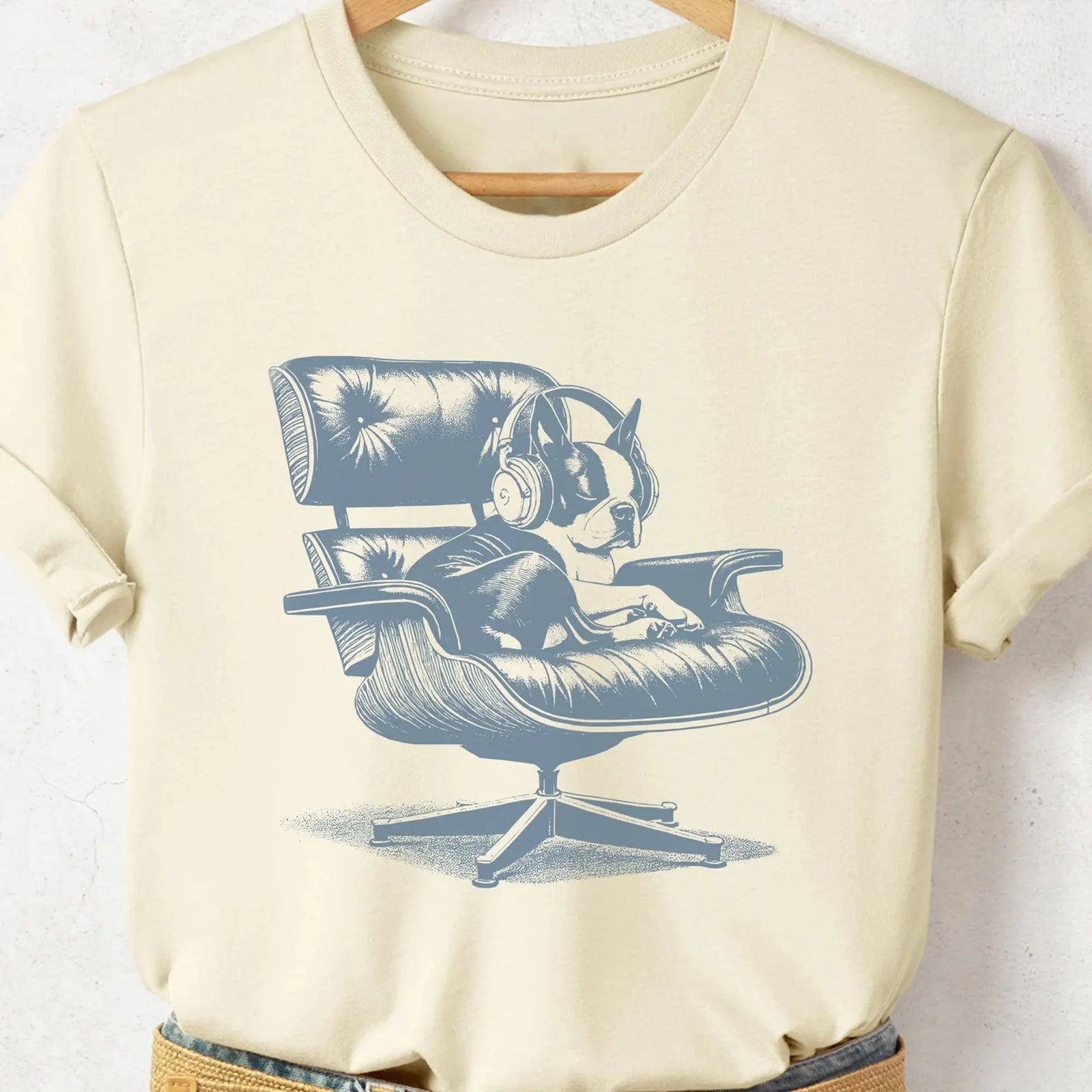 Boston Terrier Dog T-Shirt: Vintage Eames Headphones, Mid-Century Modern Taco Dog