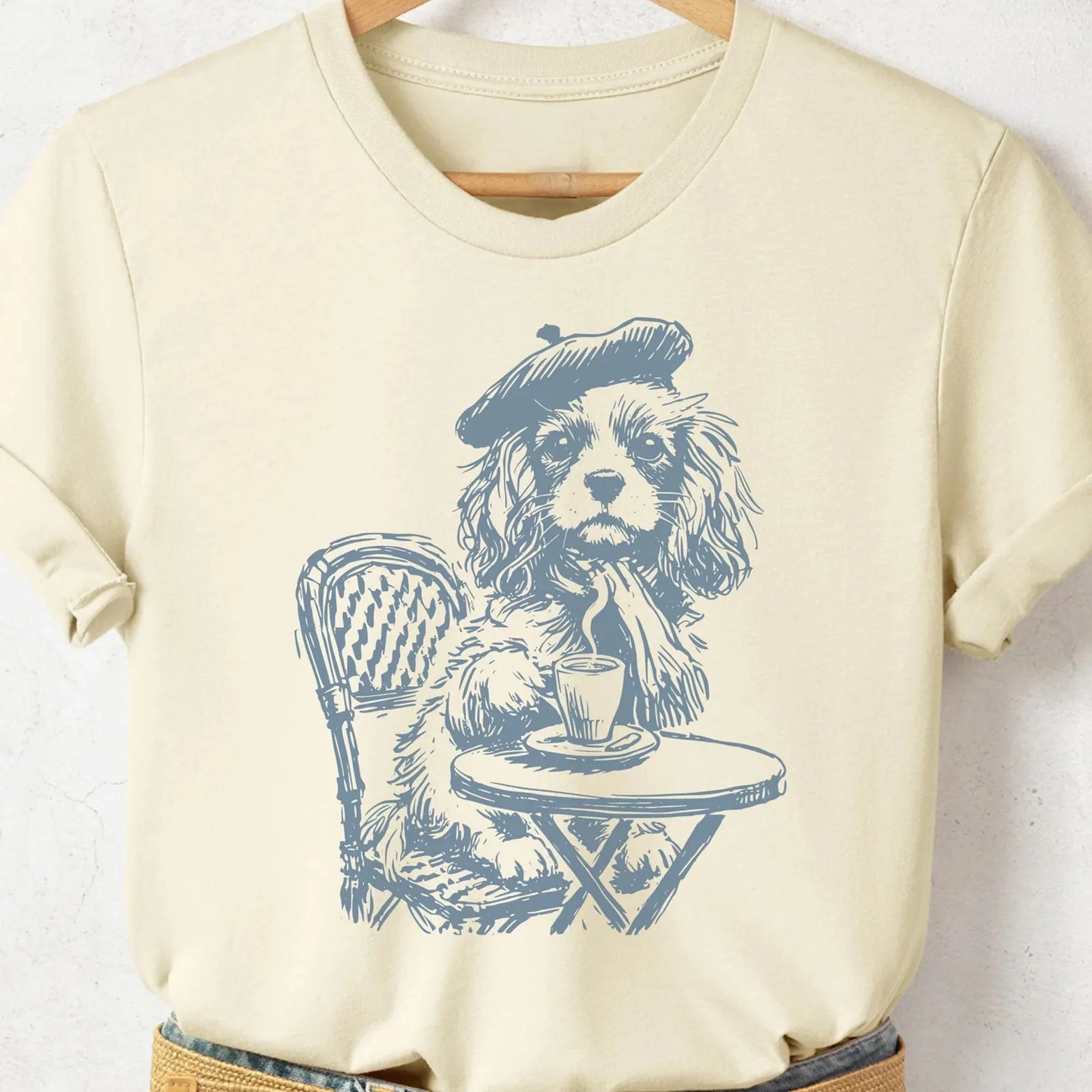 Cavalier King Charles Spaniel Paris, Vintage Dog T-Shirt, Funny T-shirt, Coffee Dog Shirt, Dog Drinking Coffee, Espresso Dog Mom Shirt