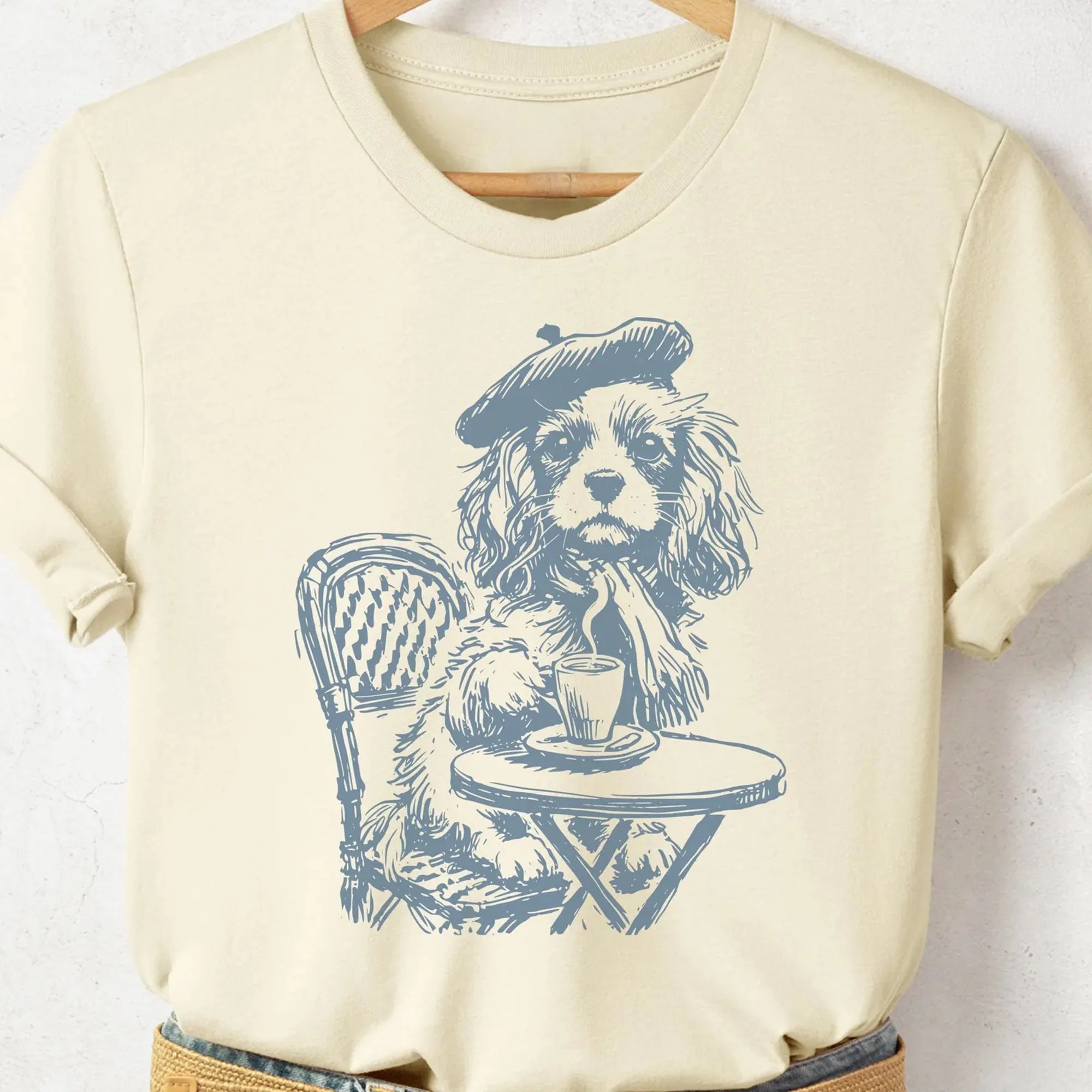 Cavalier King Charles Spaniel Paris, Vintage Dog T-Shirt, Funny T-shirt, Coffee Dog Shirt, Dog Drinking Coffee, Espresso Dog Mom Shirt