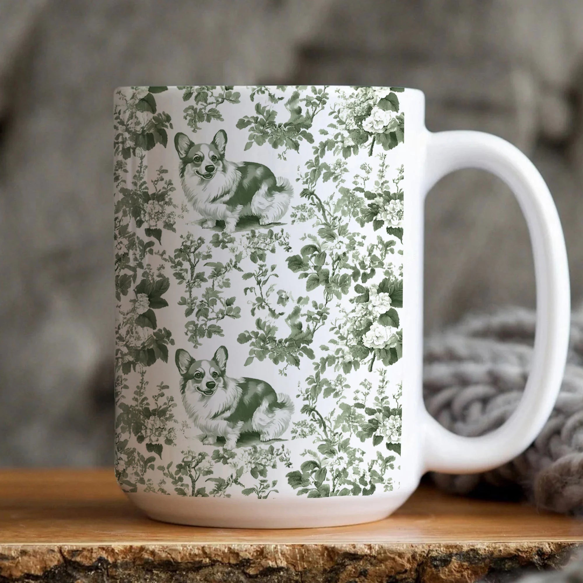 Corgi French Pastel Green Toile de Jouy Mug, Blue Toile Coffee Cup, Gift for Corgi Mom, Corgi Welsh Pembroke GiftsD, Corgi Mugs, Corgi Gift