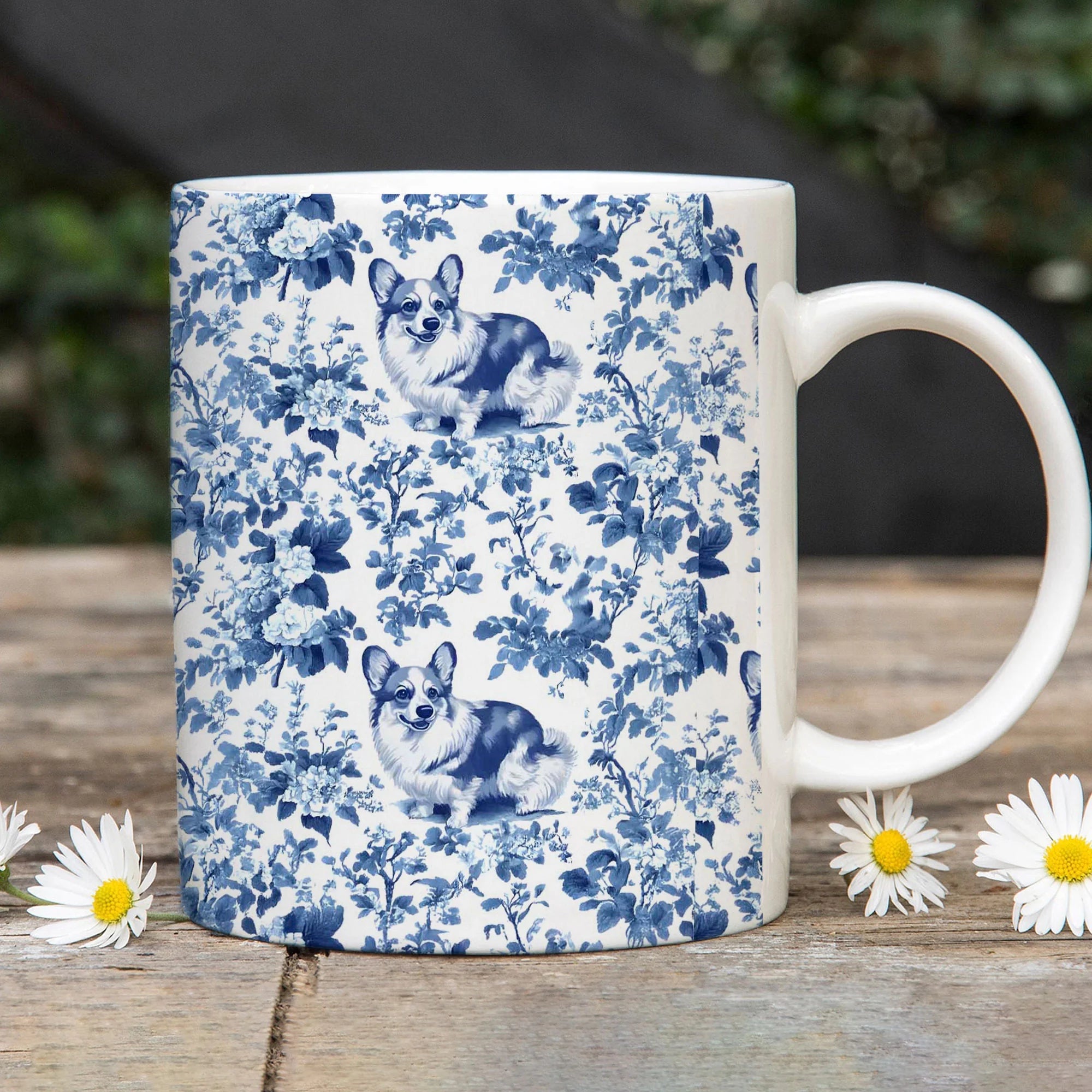 Corgi French Blue Toile de Jouy Mug, Blue Toile Coffee Cup, Gift for Corgi Mom, Corgi Welsh Pembroke GiftsD, Corgi Mugs, Corgi Lover Gift