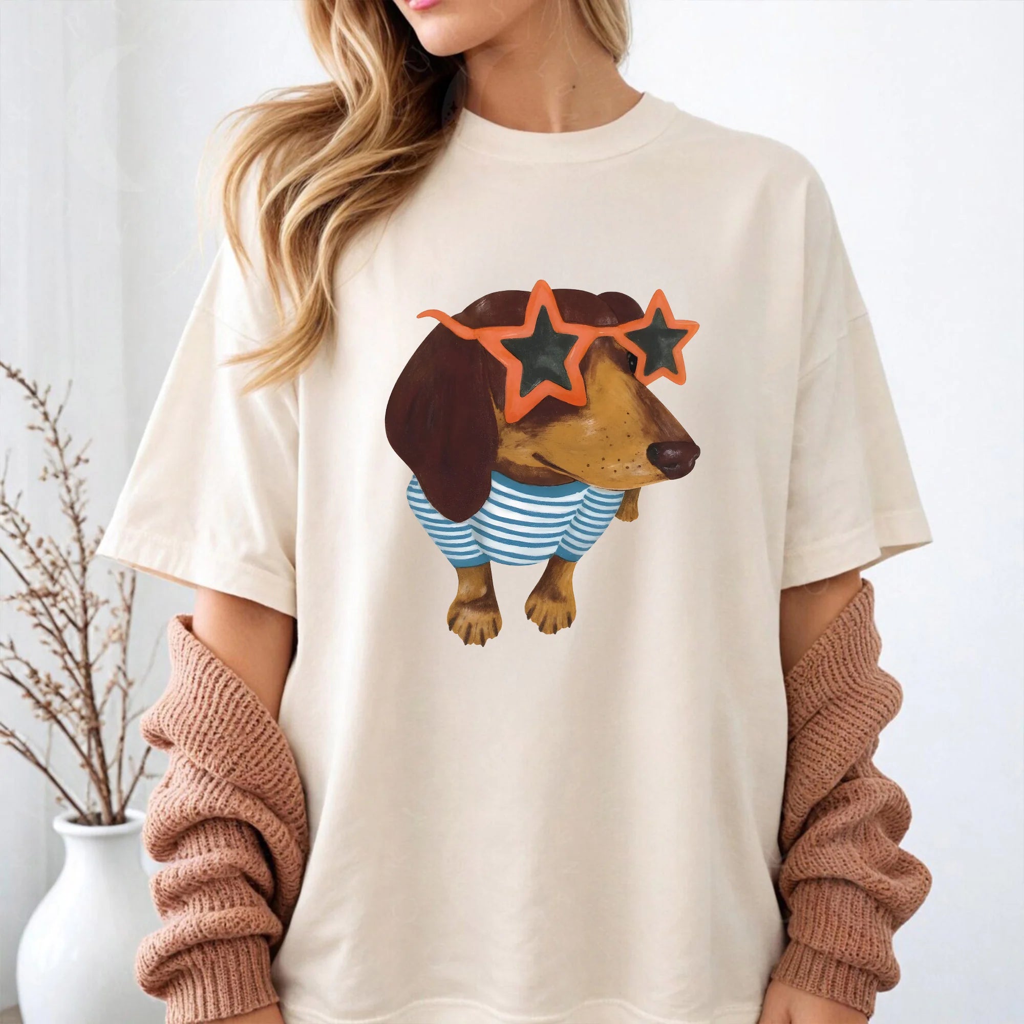 Comfort Colors Cool Dachshund Shirt, Wiener Dog Tee, Funny Sausage Dog Graphic T-Shirt, Striped Shirt Dog Lover Gift, Trendy Pet Tee, Doxie