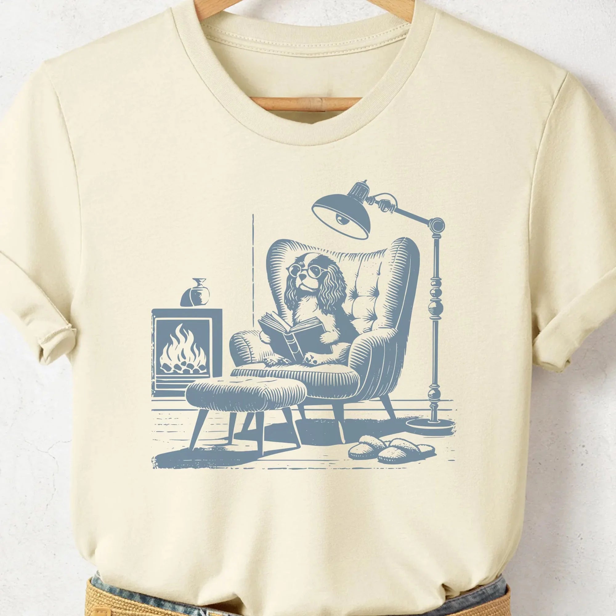 Cavalier King Charles Spaniel Dog Reading Book T-Shirt Vintage Dog Bookish TShirt, Dog Gift Cavalier Dad King Charles Mom, Taco Dog Book Lover