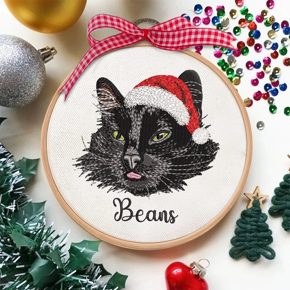 Personalized Embroidered Pet Portrait Ornament with Santa Hat, Custom Dog Christmas Gift, Pet Portrait Gift for Pet Lovers, Custom Pet Christmas