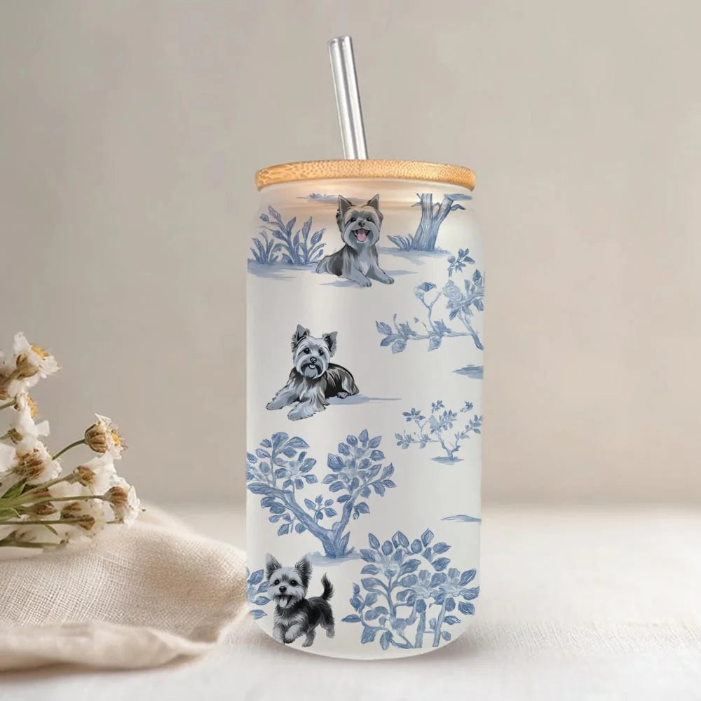 Yorkshire Terrier Coffee Cup Tumbler: Blue Toile Yorkie Mom Gift