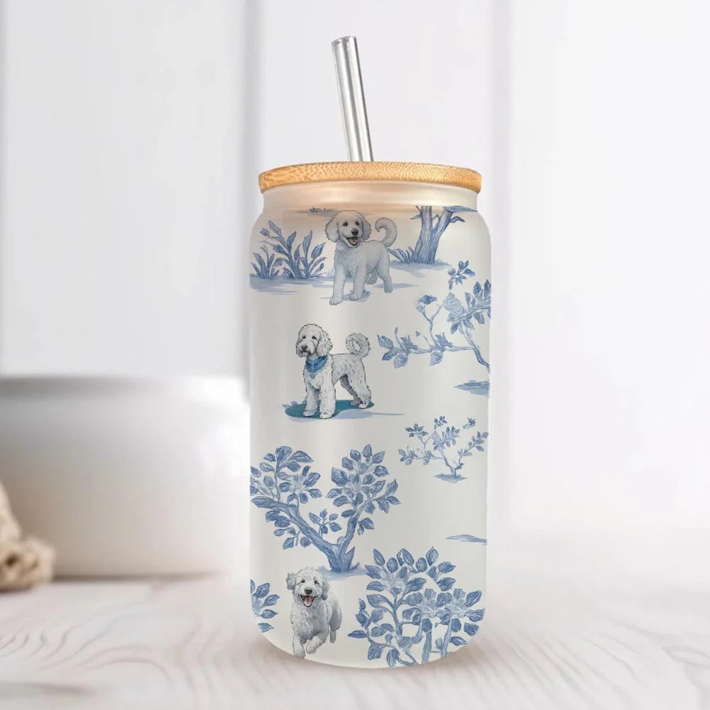 Golden Doodle Mug: 16oz Iced Coffee Glass with Lid