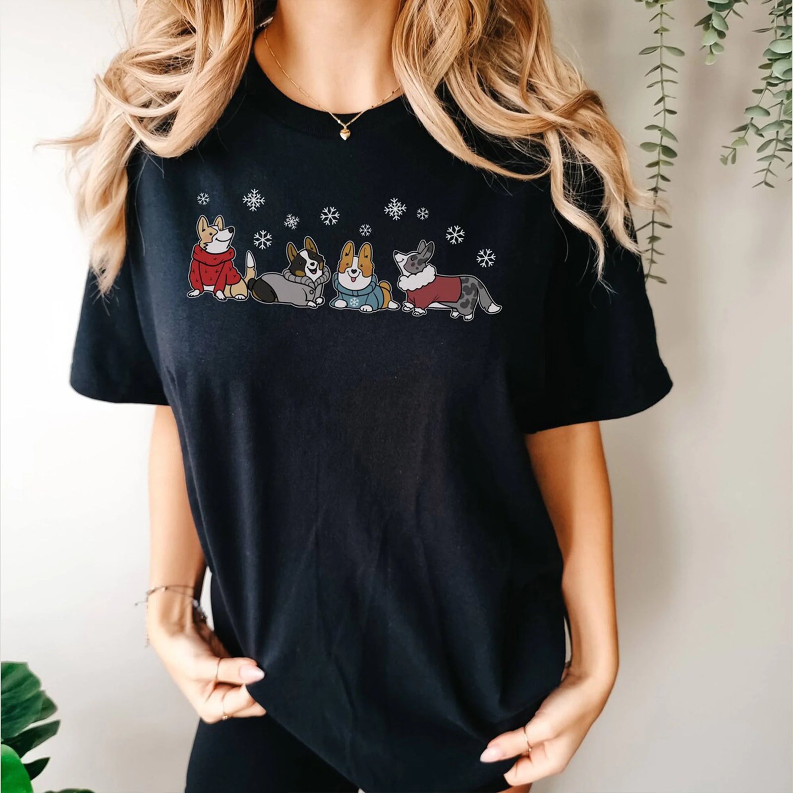 Christmas Snowflake Corgis T-Shirt, Cute Cozy Winter Red Tri-Color