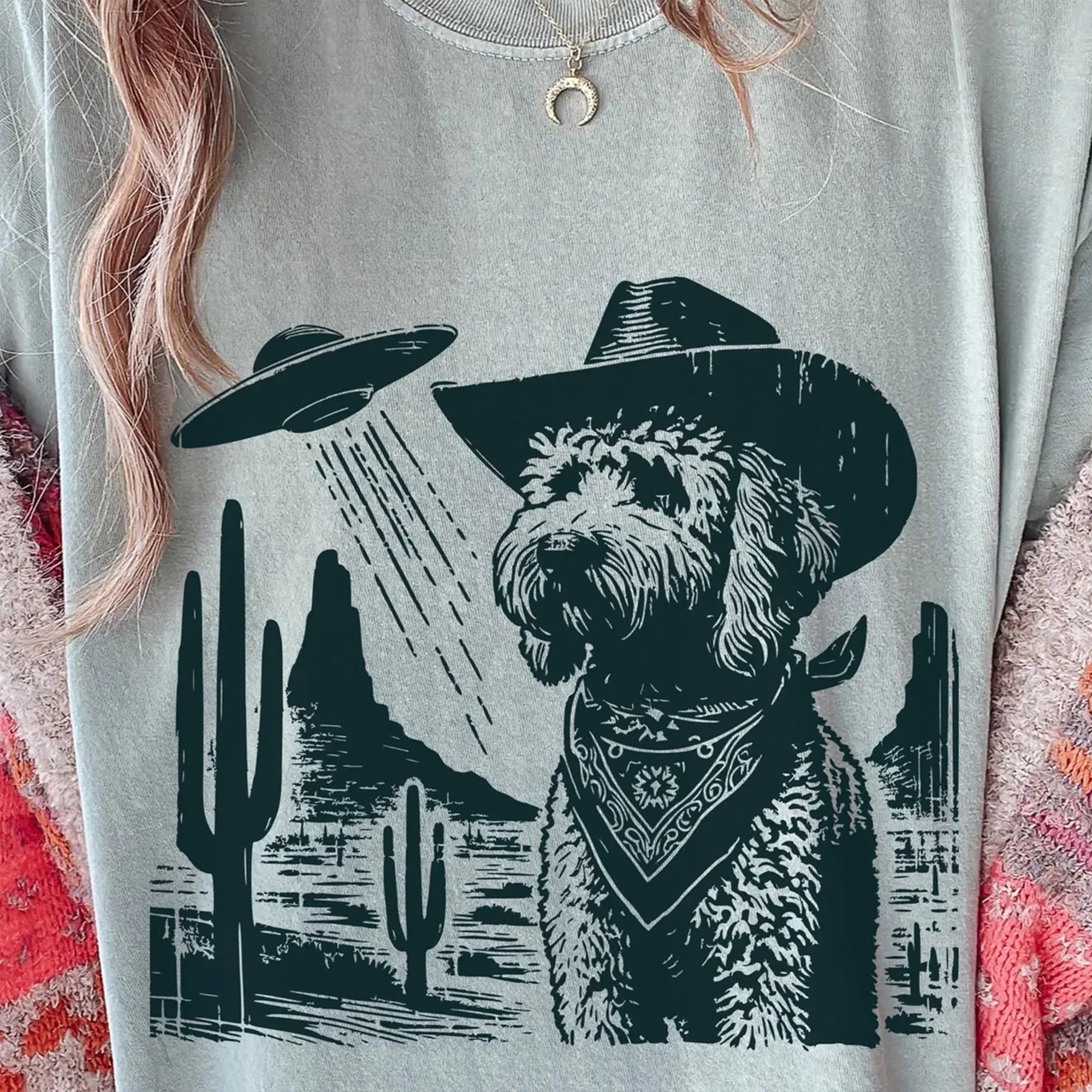 Vintage Goldendoodle UFO T-Shirt – Western Cowboy Doodle Dog Tee