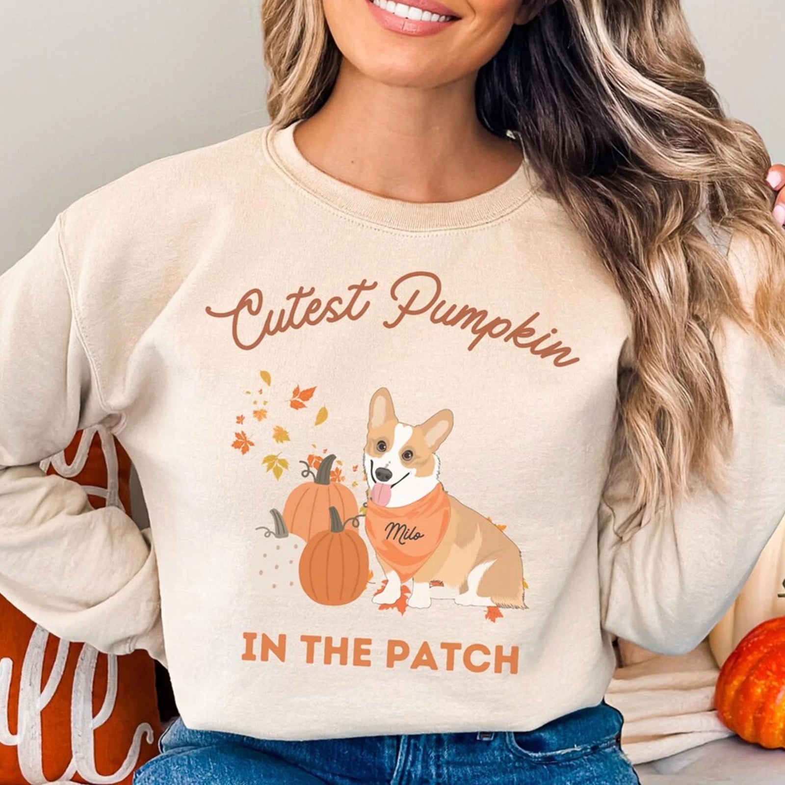 Custom Corgi dog pumpkin patch sweatshirt