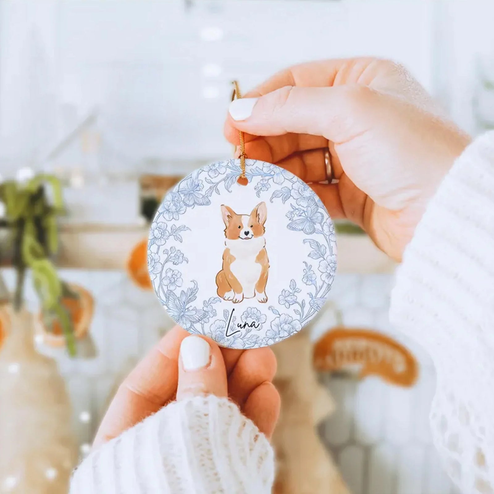 Custom Name Corgi Ceramic Ornament, Personalized Pet Memorial Gift