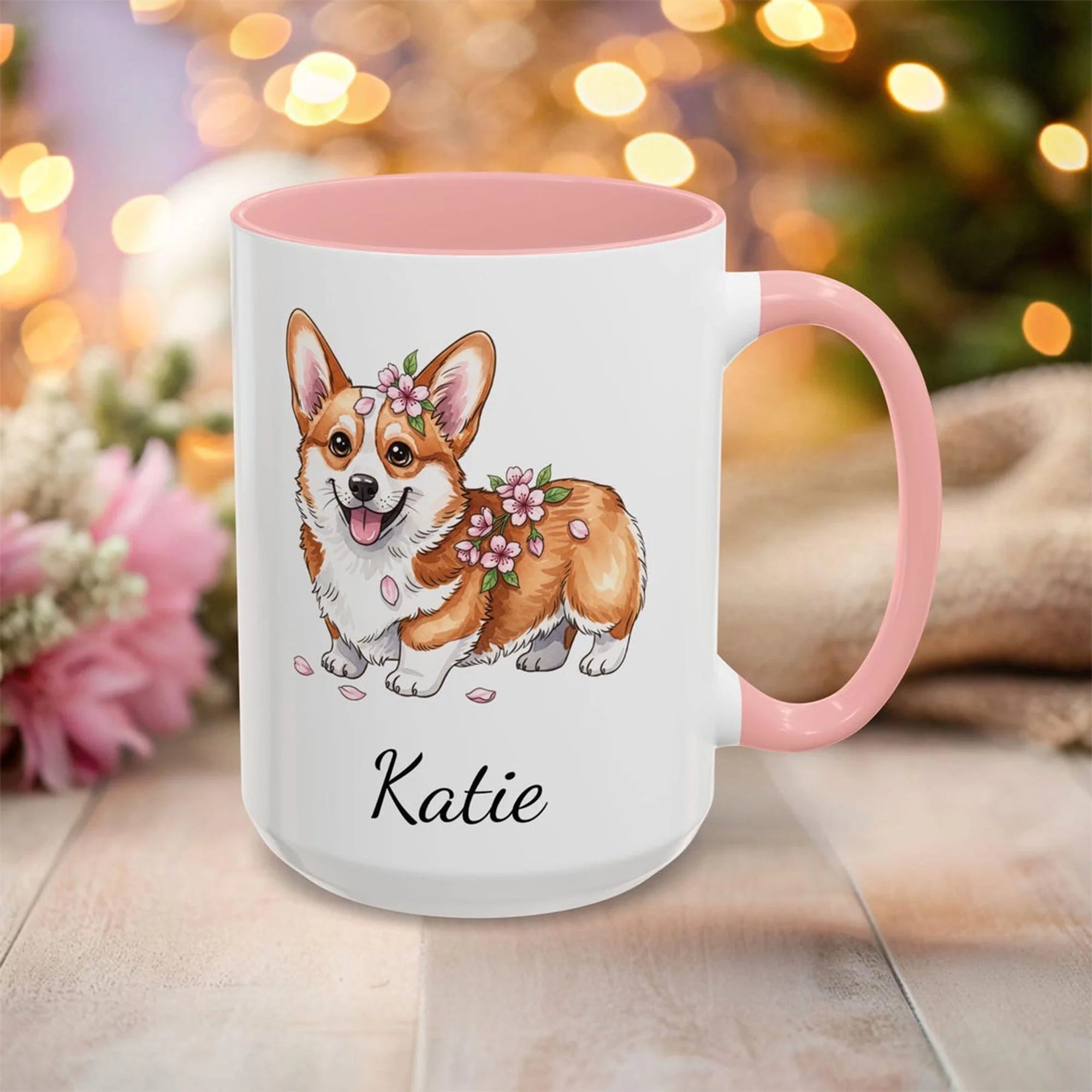 Custom Corgi Mug: Cherry Blossom Floral Design