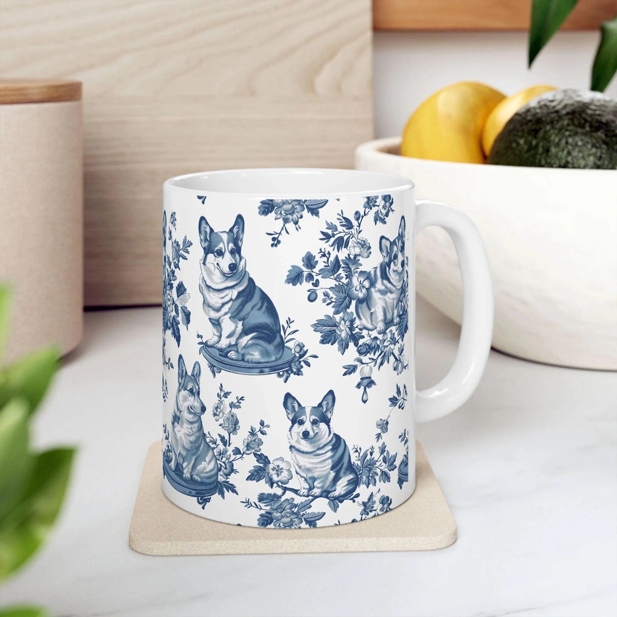 Corgi Toile de Jouy Mug - Cute Corgi Blue Toile Coffee Cup