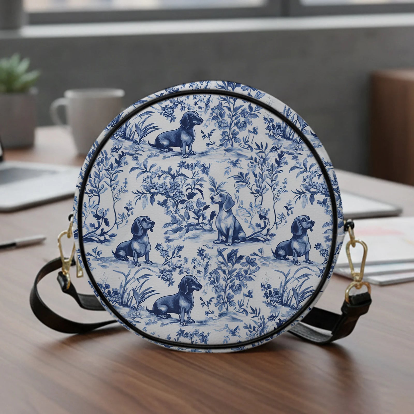 Dachshund French Toile de Jouy Crossbody Bag - Blue Toile Purse for Doxie Mom, Sausage Dog Lover Gifts, Wiener Dog Handbag