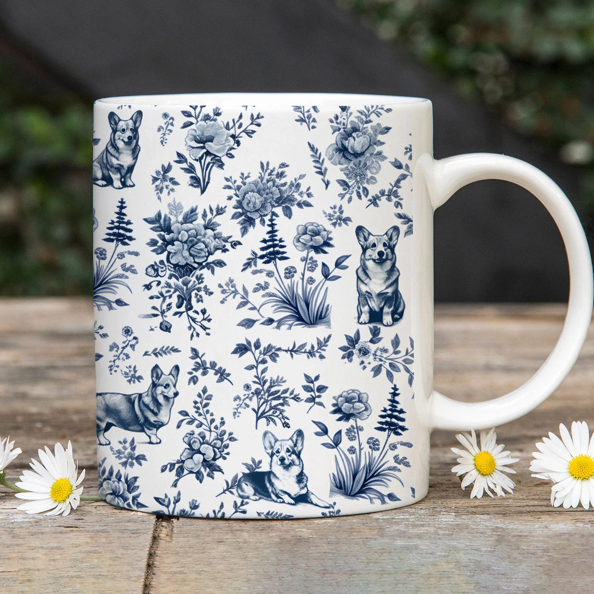 Corgi French Blue Toile de Jouy Mug, Dog Lover Gift