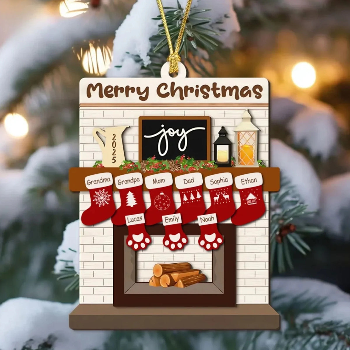 Custom Pet Family Christmas Ornaments, 3D Wooden Family Ornament With Pets, Gift For Christmas Family And Pets Family With Dog Cat Fireplace ON6786