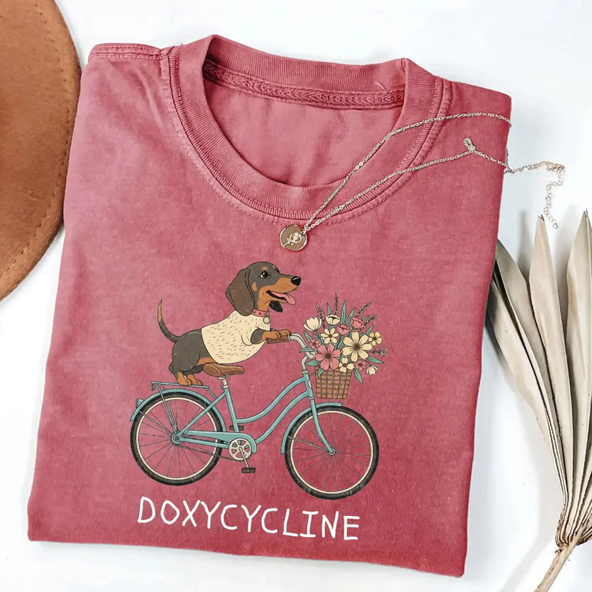 Comfort Colors Doxycycline Pharmacy Pun T-Shirt, Dachshund on Bicycle